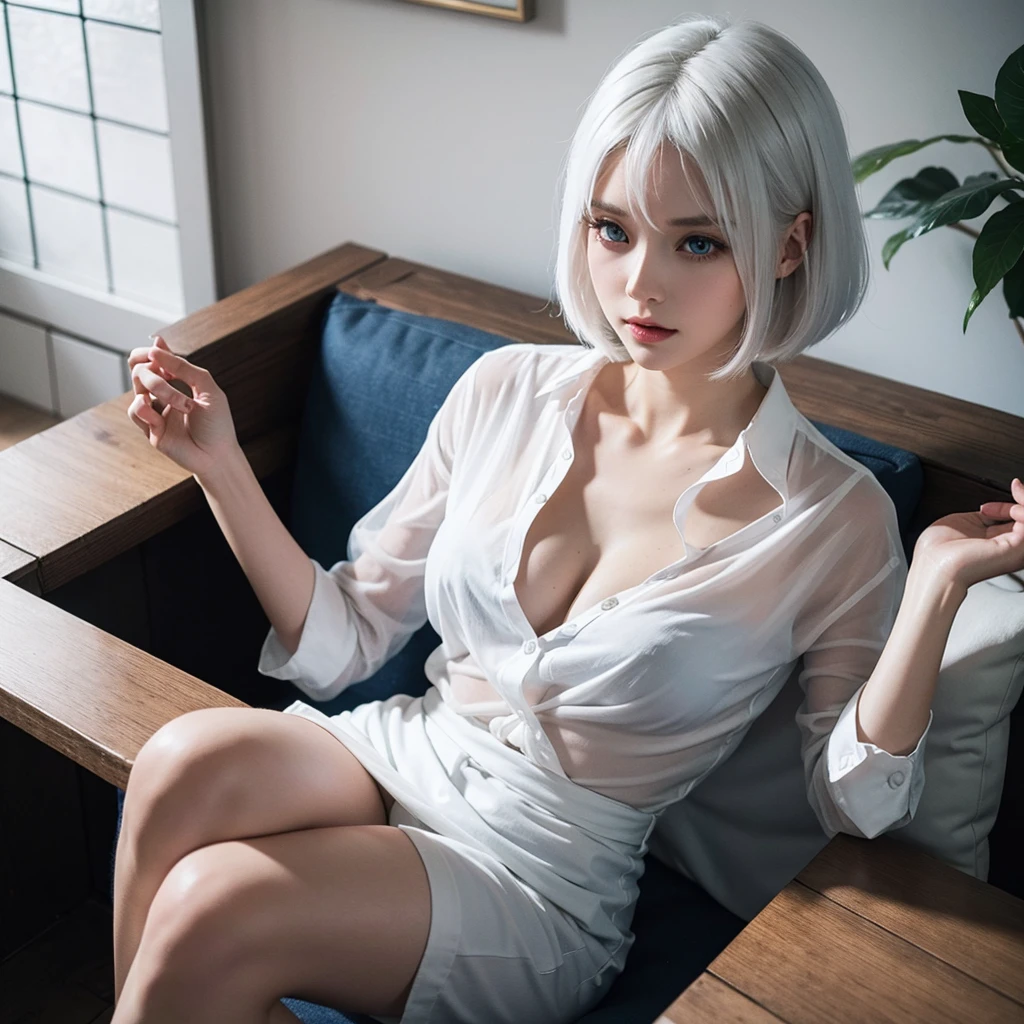 blue eyes,White Hair,Bob Hair,White Shirt,See-through,
Sit down,Dark Skin