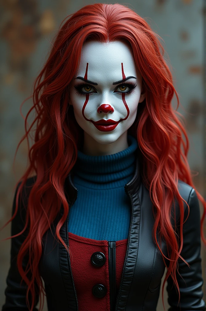 Pennywise female version with white skin, long, wavy red and black hair,black and red clothes with eyelets jack, brown hair a mask and blue sweater