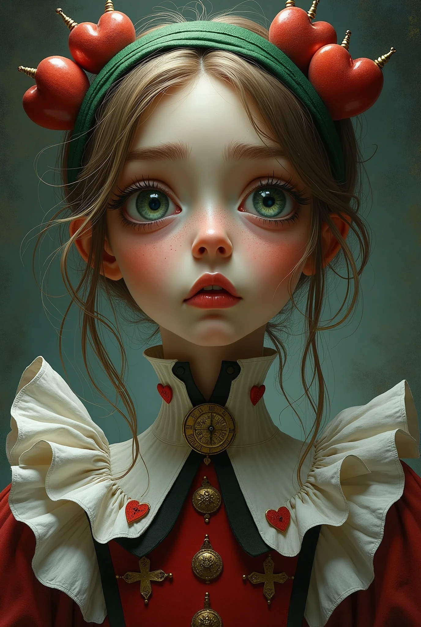 Draw a full-body portrait of the Queen of Hearts and the Queen of Hearts from Alice in Wonderland to capture a moment of deep contemplation. Her expression should be a mixture of curiosity and a hint of unease, as if she is deeply questioning reality and her place in it. Her large eyes should be wide open, reflecting the surreal world around her. Smiling Cheshire|cat, clock, Queen of Hearts, caterpillar, white rabbit, playing cards, within the kingdom of Wonderland, etc. Lighting should be soft yet dramatic, casting gentle shadows that emphasise the depth of her thoughts. Her hair is slightly dishevelled, as if she has been on a long journey, and the iconic green headband is slightly slanted, adding to her pensive feel. The colour palette is a mix of soft pastels and dark, introspective tones, creating a balance between innocence and the complexity of her thoughts.