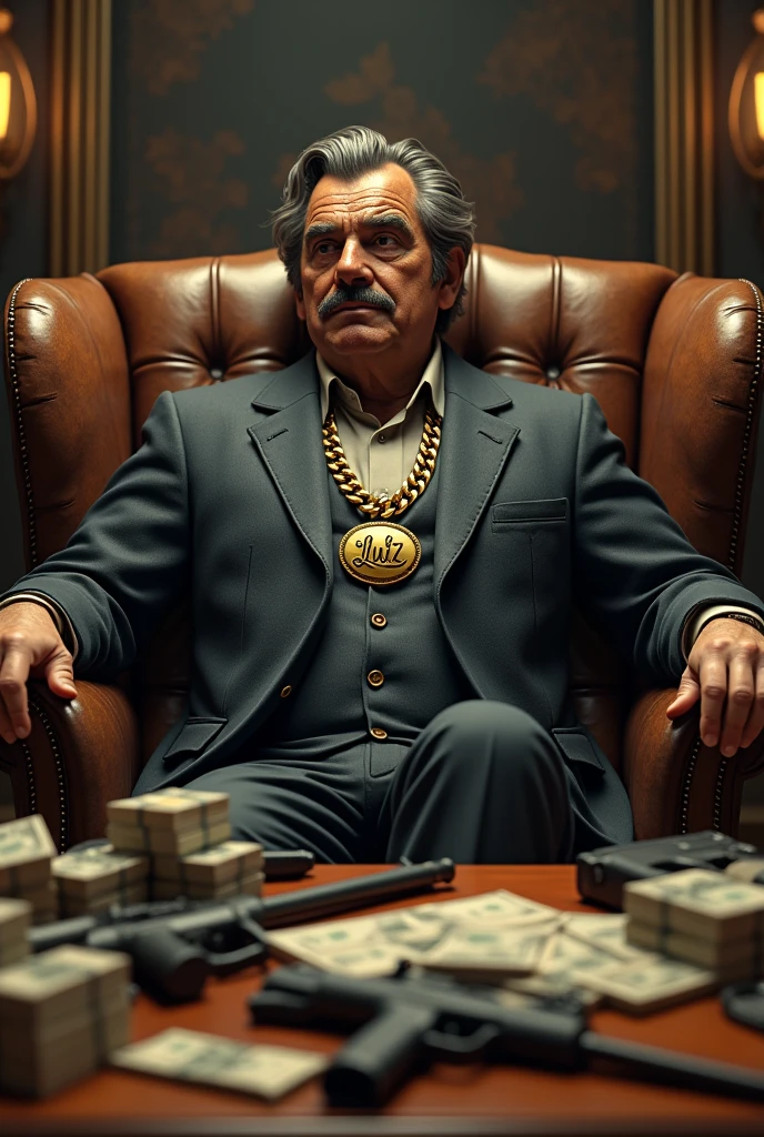 Generate a 3D photo of Pablo Escobar with lots of weapons around him, ????? on his desk, and he's sitting in an armchair looking forward with his hands crossed on the table, and a gold chain written in the middle of the chain Luiz.