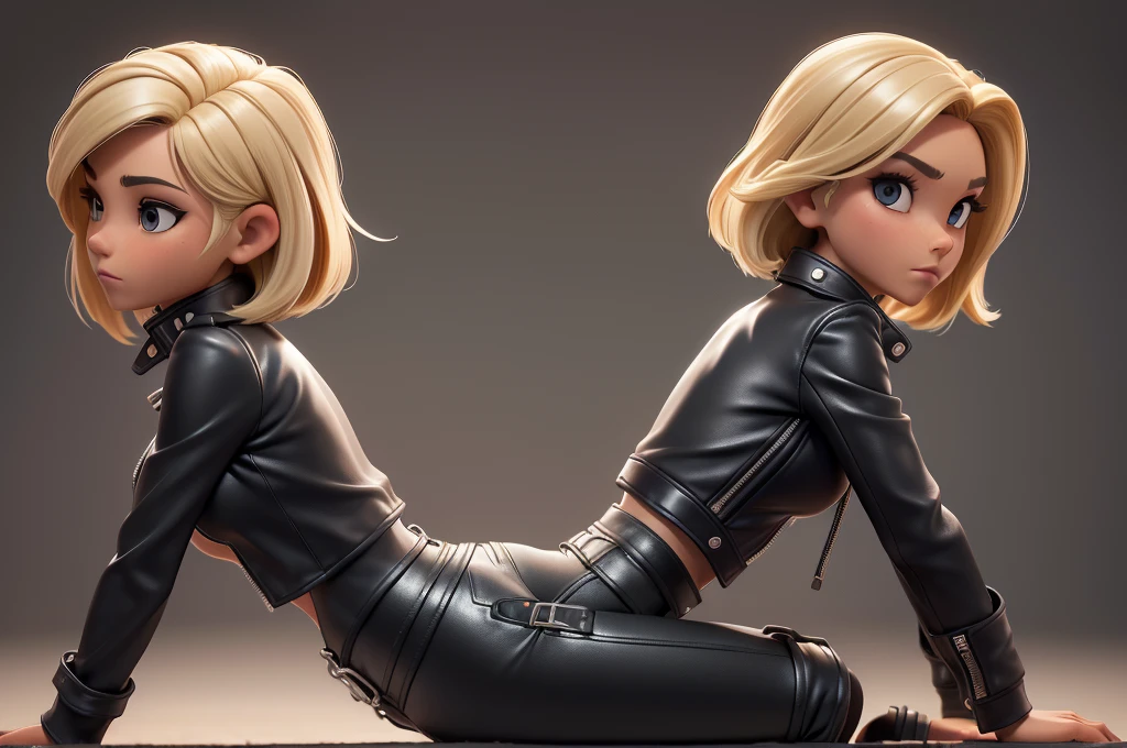 obra prima, melhor qualidade, ((only one woman,)) ((elizabeth pipko, dark tan skin, blonde bob hair,)) erect cone tits, ((wearing metallic black leather biker moto jacket,)) ((jacket has padded shoulders, jacket has stiff high collar,)) (((wearing matte black leather pants,))) body is very skinny, ((laying down, propped on elbows and knees, arched back, camera side view,)) shallow depth of field, highres, HD, 8k, anatomically correct