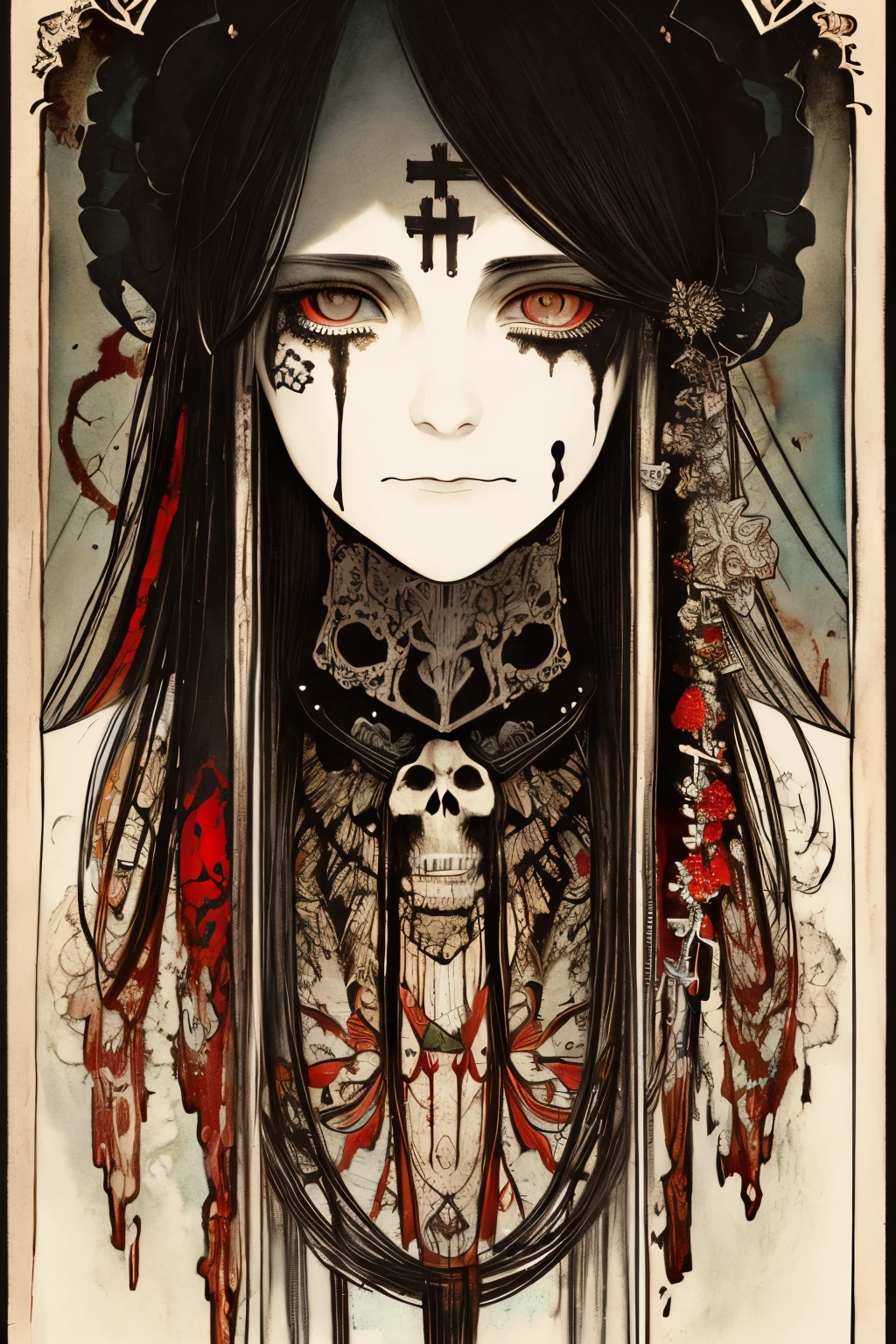 SFW,masutepiece, Best Quality, High resolution, 1woman, upper body, Details , detail hands, Detail fingers, Detail Face, detail legs, watercolor paiting, in graveyard, black hair, long hair, tattered clothes, black eyes, zombie, skull, bone, (art nouveau:1.25), Maximalism artstyle, neon theme, suprematism, crying, beautiful detailed eyes,hyper detailed, beautifuly color, high details, high quality, back light, upper body , high quality, hair with body, cluster amaryllis, zombie, rotungwoka person, priest, black tears, shed tears,