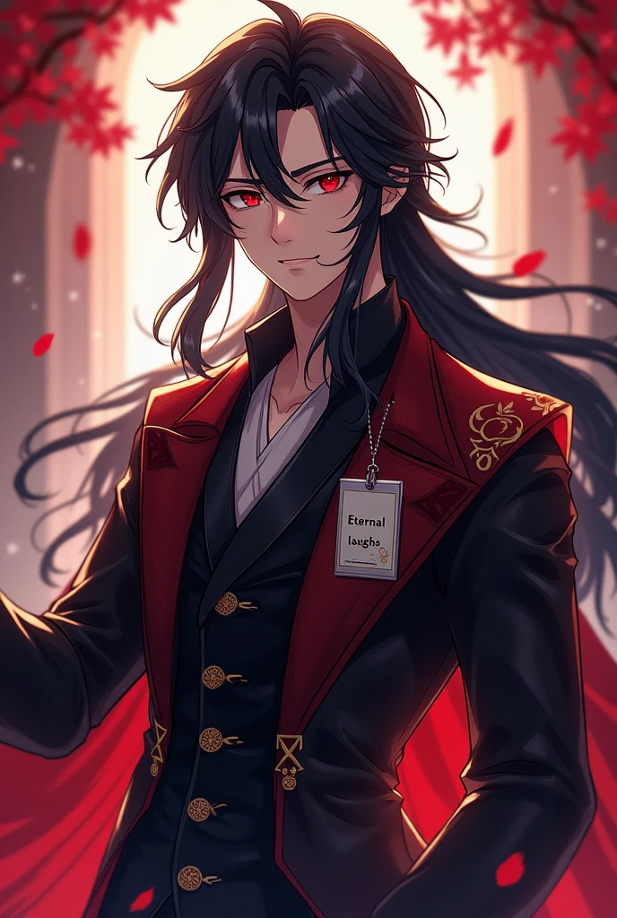 Boy of about 26 years old with long black hair down to his waist and 1 meter tall.80, Ancient elegant clothing, Smiling widely. He should be really attractive and very masculine with red eyes and have an ID that says "Eternal laughs". anime style