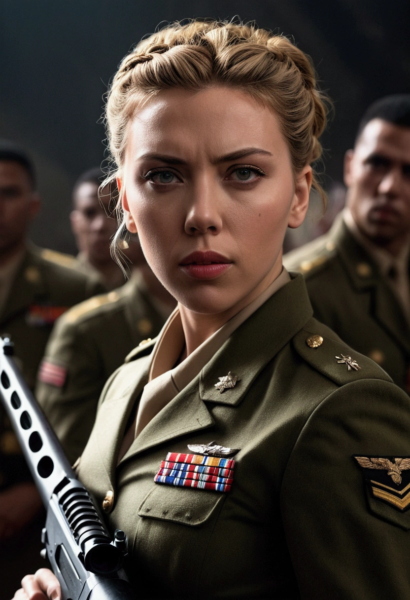 scarlett johansson, military uniform, holding rifle, hair tied up, detailed face, beautiful eyes, beautiful lips, lean muscular body, serious expression, dramatic lighting, cinematic, photorealistic, 8k, high quality, hyper detailed