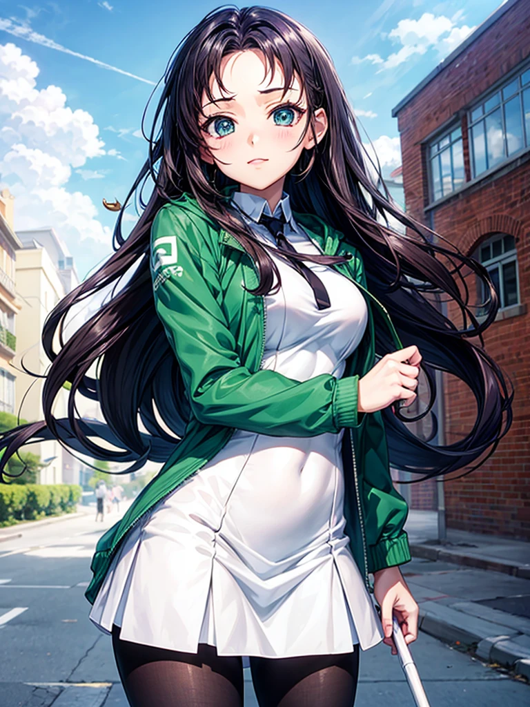 Anime girl wearing a green jacket and white dress holding a white umbrella, Anime pictures of cute girls, I&#39;ll make fan art too., Long Haired Anime Girl, Beautiful High School Girl Anime, anime moe art style, Chiaki Nanami from Danganronpa, Ilya Kuvshinov with long hair, Rin Tohsaka, Anime image of a young woman,big breasts, Big tits