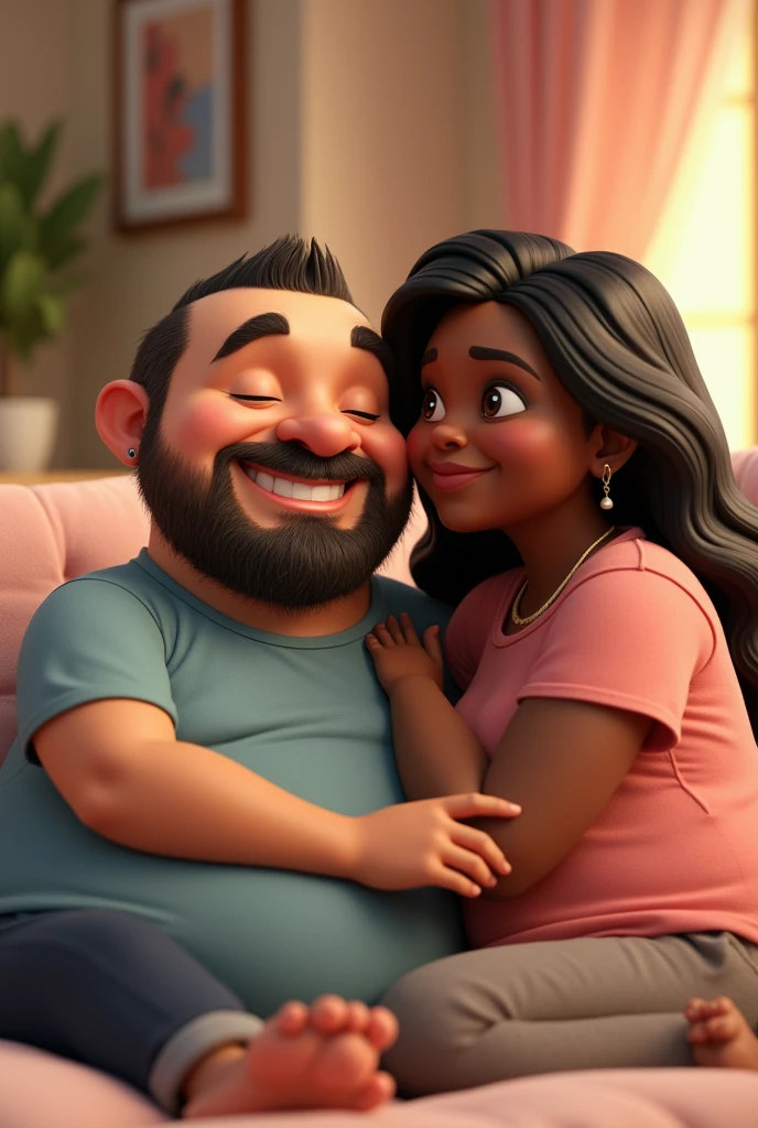 3D Pixar image of a chubby man, dark brunette, shaven hair, shaved beard, long nose; with a chubby black woman with long straight hair