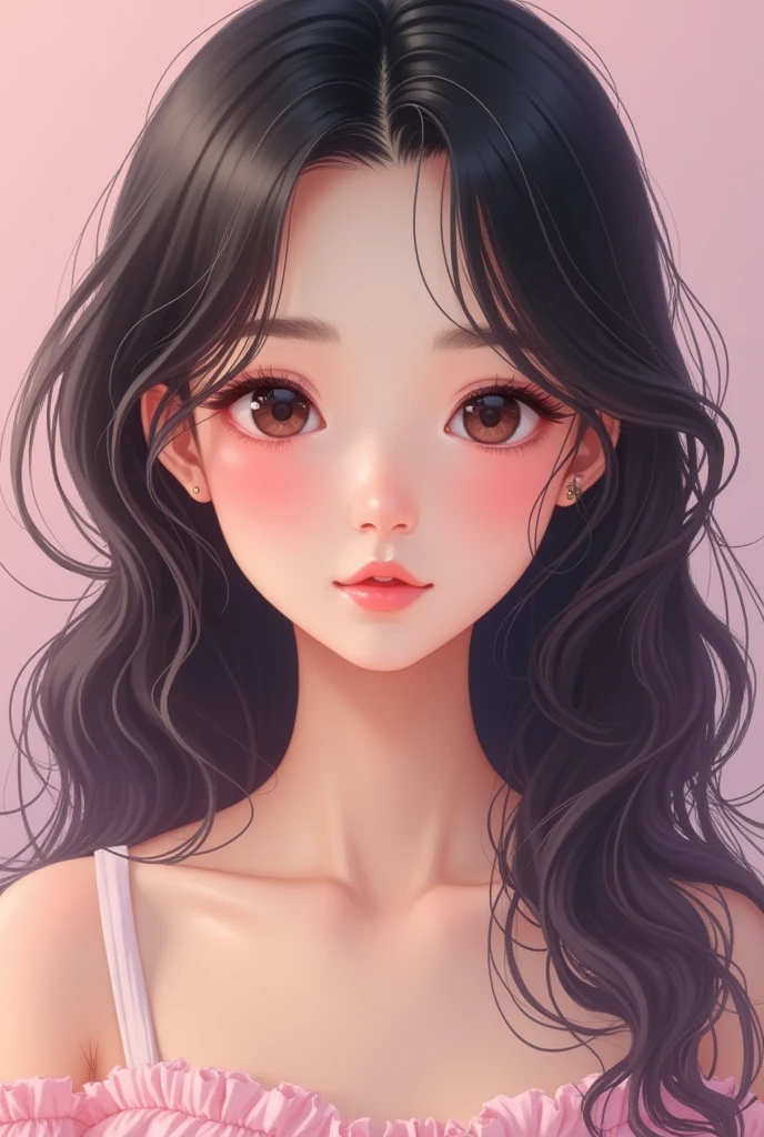 As soon as you say "Dramagirl" in pastel colors with dark brown eyed asian girl, big cheeks, pink undertones, long wavy hair without bangs.