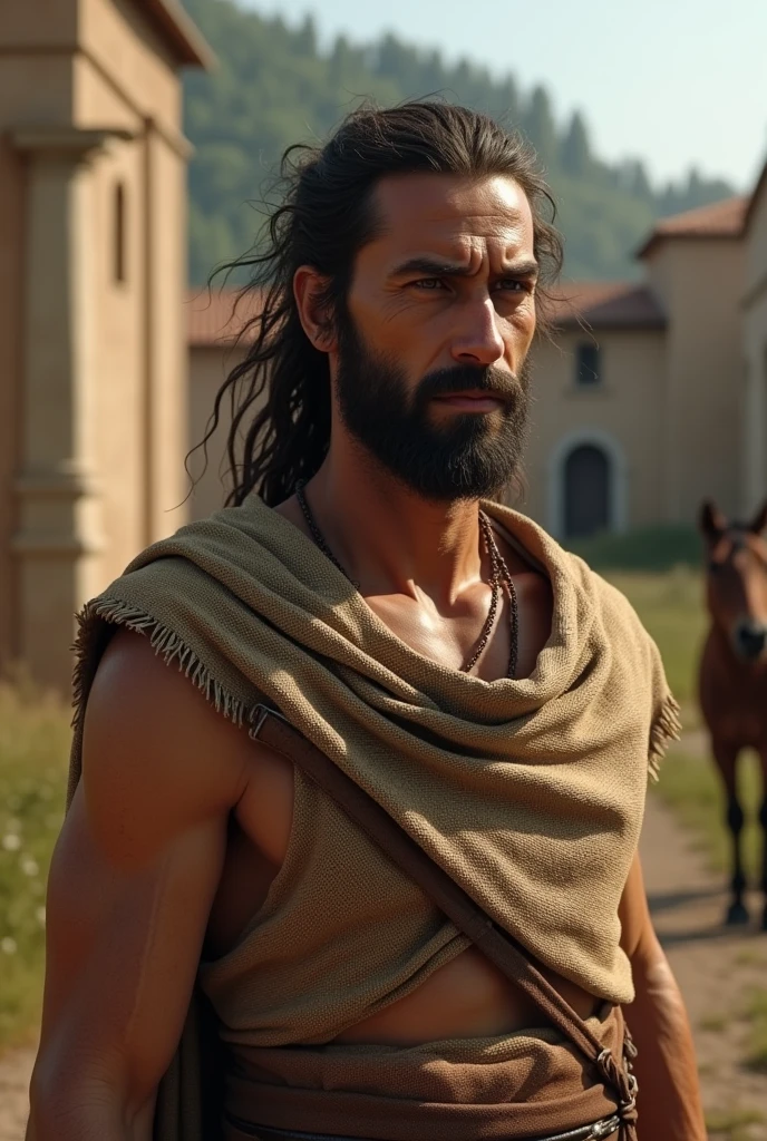 Arrest of a white Roman slave, Slavic tribe , Working on a pig farm, 23 years, Exhausted from hard work, A mare worn out by forced labor, Tanned to black from dirt and sun, barefoot, Harapiento, Beautiful but exhausted face, Dirty hair, Somehow braided, In an old torn burlap that replaces his short tunic, Leaky and in ruins, High texture burlap, body, Italia rural, Cgsociety Of The Whole body, very detailed cg society, realistic 3d anime., CGsociety Artstation, Realistic 3d animated style, 3d animated style, Dawn CGSOCIEDAD, humanoid woman, CGsociety high definition, Cgsociety Uhd 4k with high details