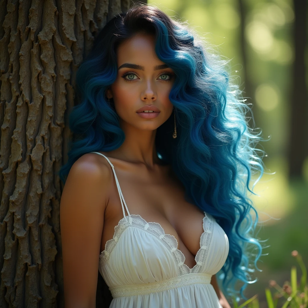 Beautiful biracial latina woman , blue long wavy hair, blue light eyes, large breast, The body half hidden behind a tree in forest, plays hide and seek, Rays of the sun on her, wear a white dress without sleeves
