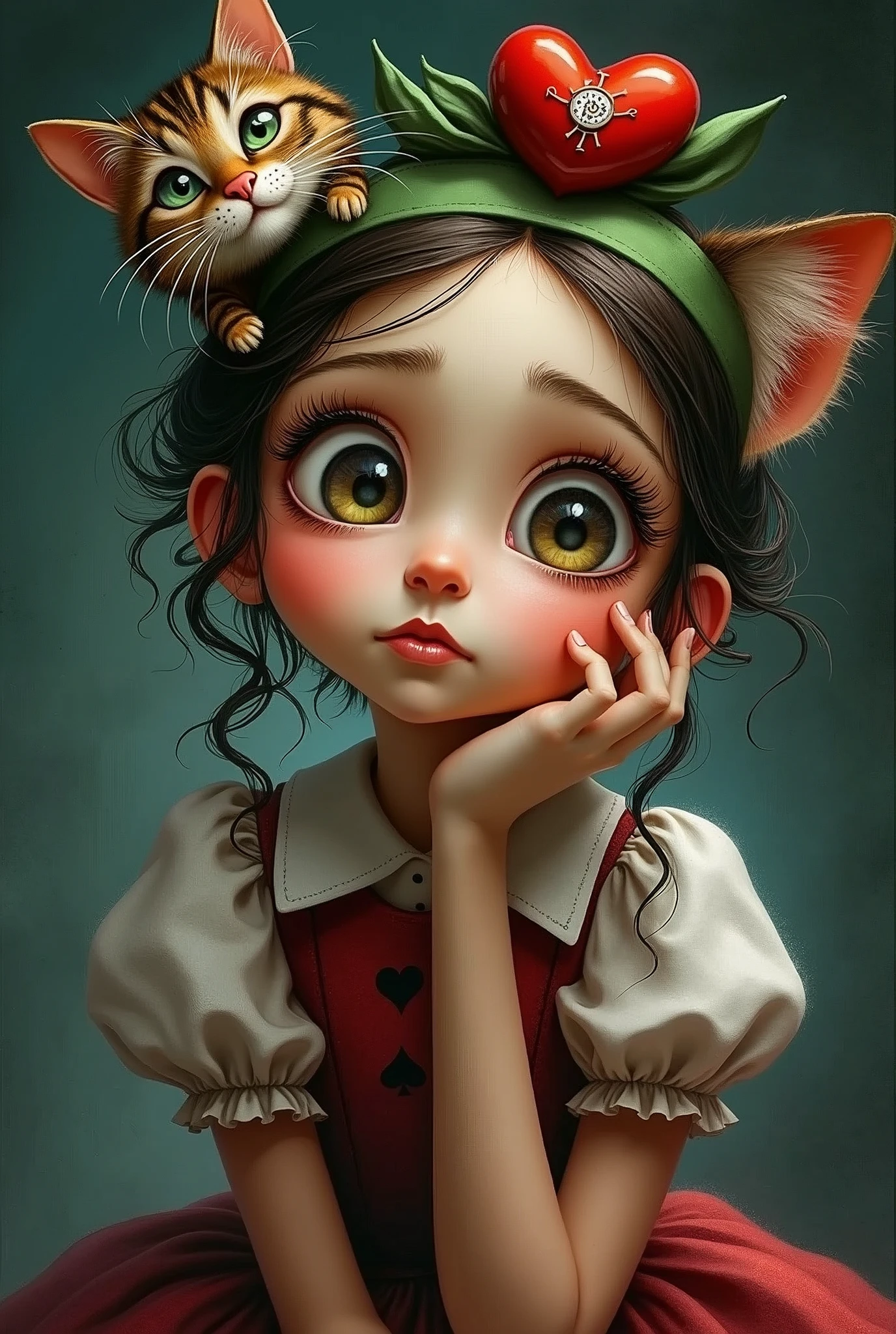 Draw a full-body portrait of the Queen of Hearts in Alice in Wonderland to capture a moment of deep contemplation. Her expression should be a mixture of curiosity and a hint of unease, as if she is deeply questioning reality and her place in it. Her large eyes should be wide open, reflecting the surreal world around her. Smiling Cheshire|cat, clock, Queen of Hearts, caterpillar, white rabbit, playing cards, within the kingdom of Wonderland, etc. Lighting should be soft yet dramatic, casting gentle shadows that emphasise the depth of her thoughts. Her hair is slightly dishevelled, as if she has been on a long journey, and the iconic green headband is slightly slanted, adding to her pensive feel. The colour palette is a mix of soft pastels and dark, introspective tones, creating a balance between innocence and the complexity of her thoughts.