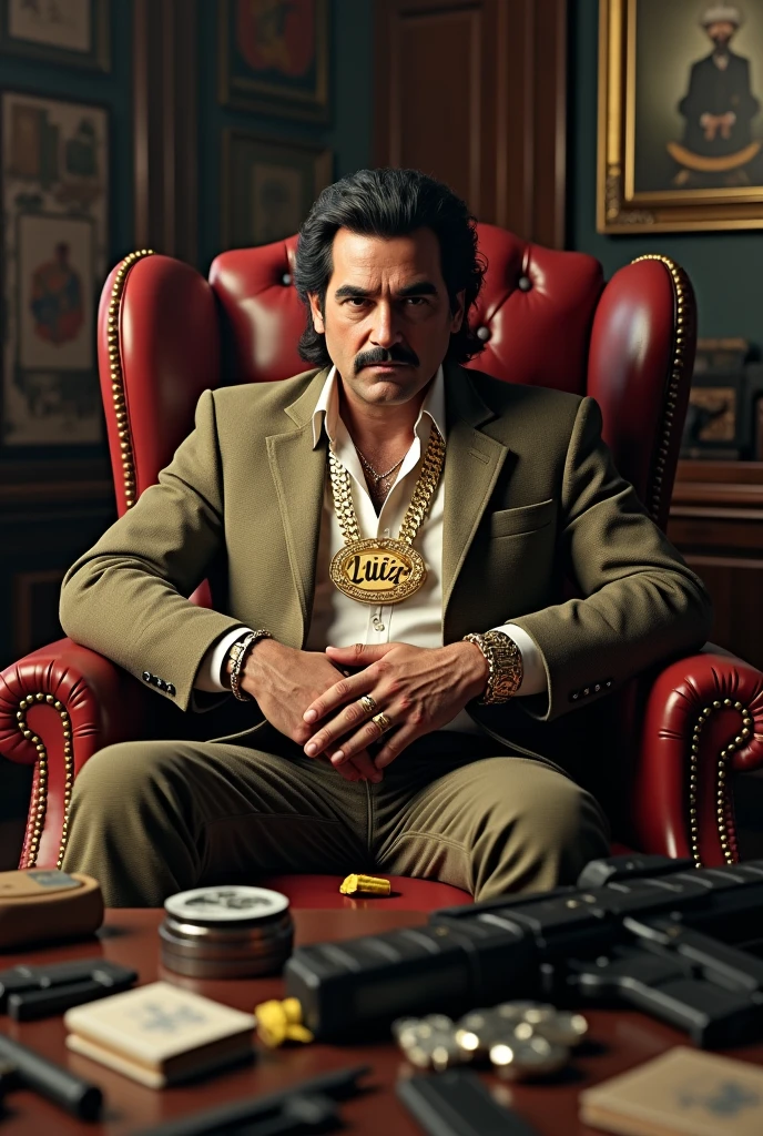 Generate a 3D photo of Pablo Escobar with lots of weapons around him, drugs on his desk, and he's sitting in an armchair looking forward with his hands crossed on the table, and a gold chain written in the middle of the chain Luiz.
