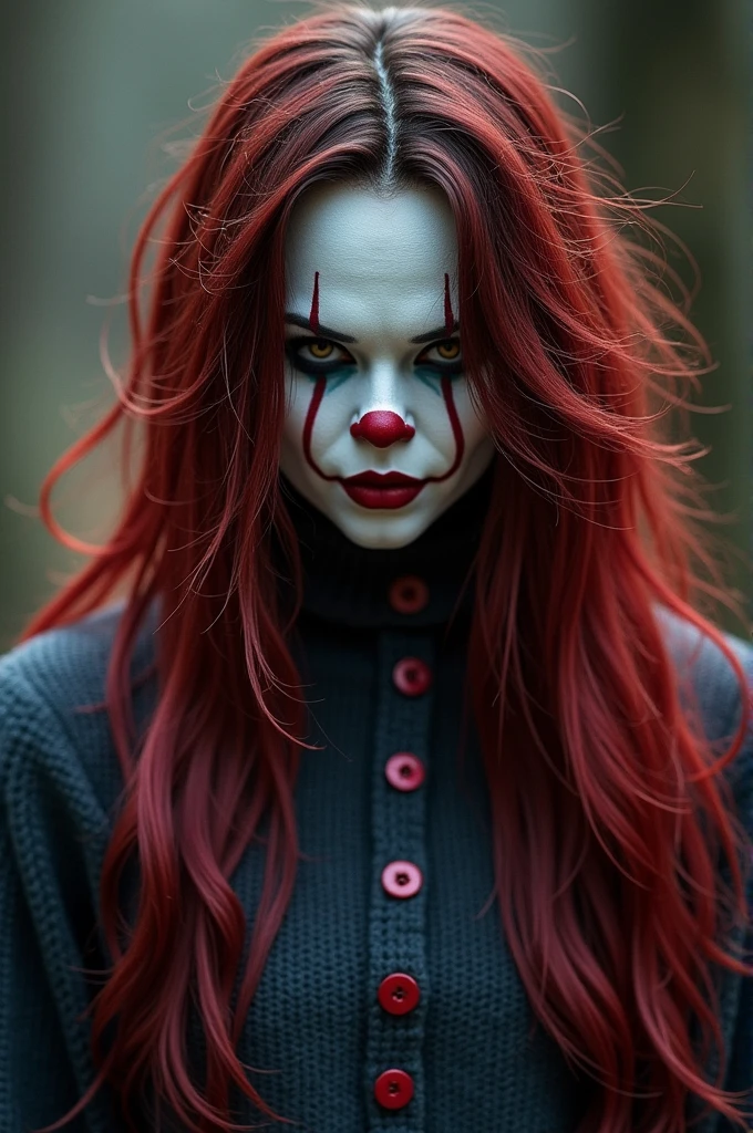 Pennywise female version with white skin, long, wavy red and black hair,black and red clothes with jack eyelets together, brown hair a mask and blue sweater