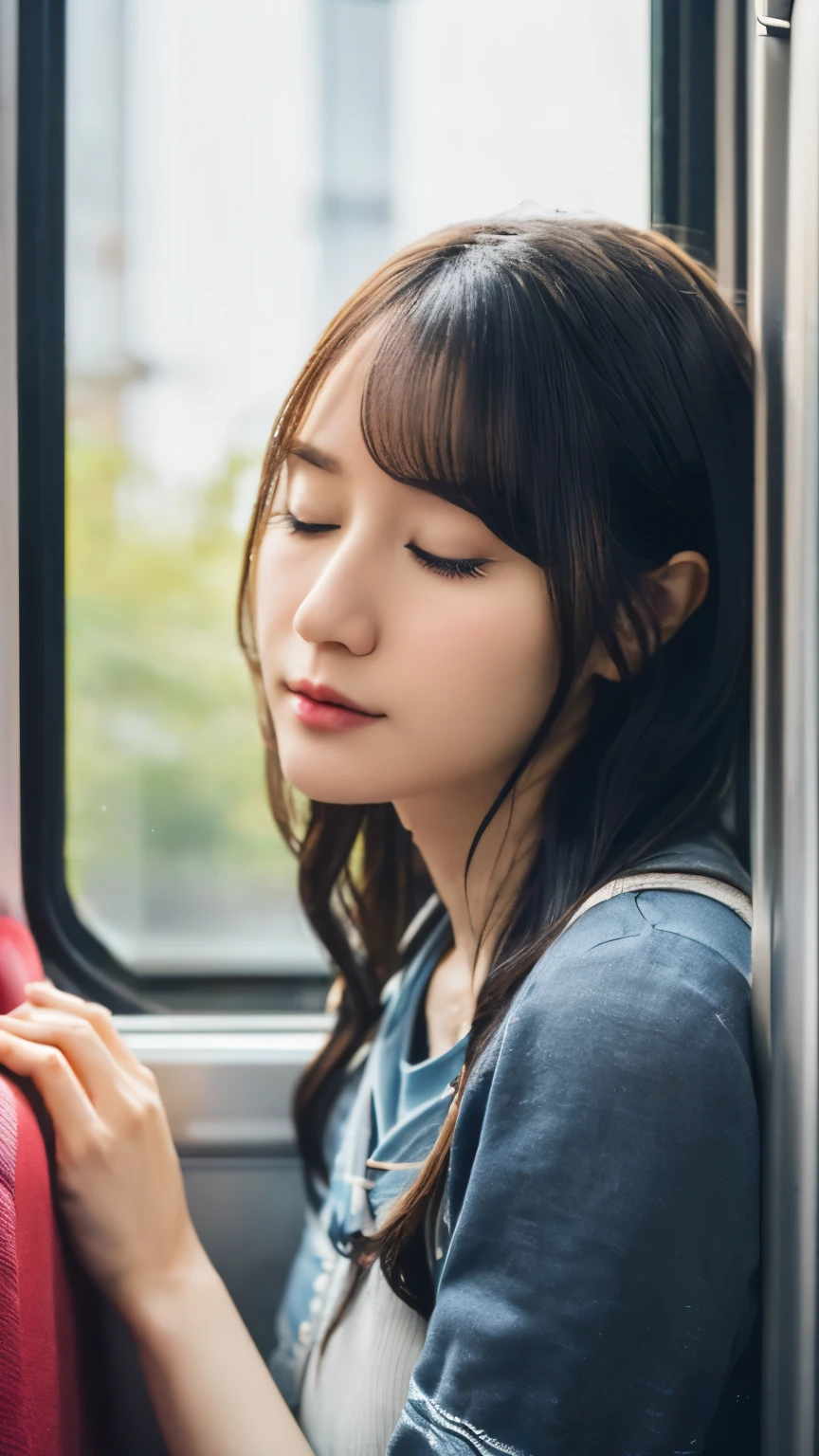 (highest quality,masterpiece:1.3,Ultra-high resolution),(Super detailed,Caustics,8k),(Photorealistic:1.4,RAW shooting),(train seat),(A girl sleeping leaning on a train seat:1.2), Sit in your seat,18-year-old,Japanese,Short black hair,(cute sleeping face),(Eyes closed:1.1),t-shirt,(The light coming in from the window illuminates the girl:1.1),(Curtains fluttering in the wind),(Bust up shot),(Face Focus:1.1),(Face close up:1.1),Natural light