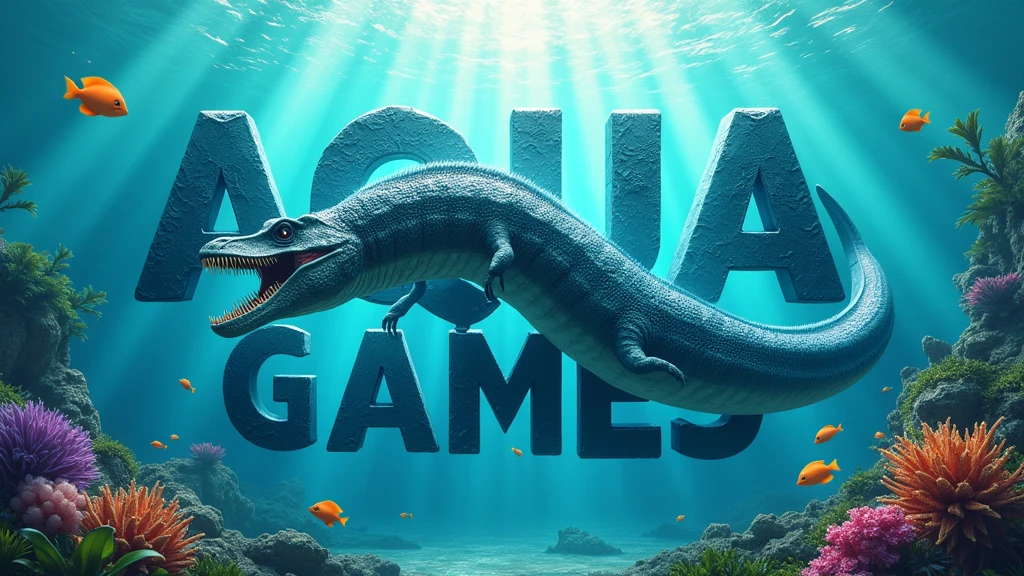 Create a dinosaur image for YouTube that says AQUA GAMES with a size of 2048 X 576.