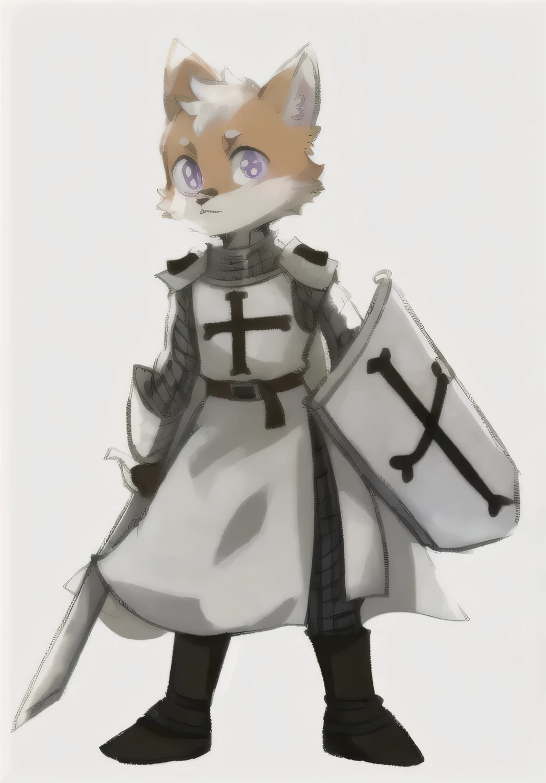 anthropomorphic male fox,Orange fur,No hair,Purple Eyes,with a tuft of white hair on top of its head,Wearing 13th century knight clothes