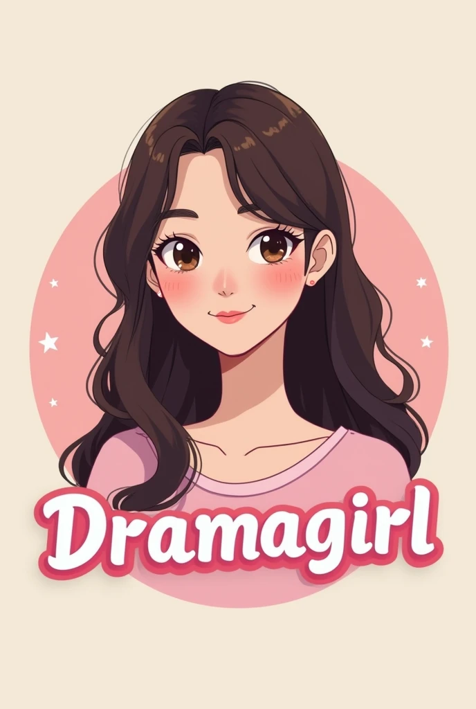 Animated logo that says "Dramagirl" in pastel colors with dark brown eyed asian girl, big cheeks, pink undertones, long wavy hair without bangs.