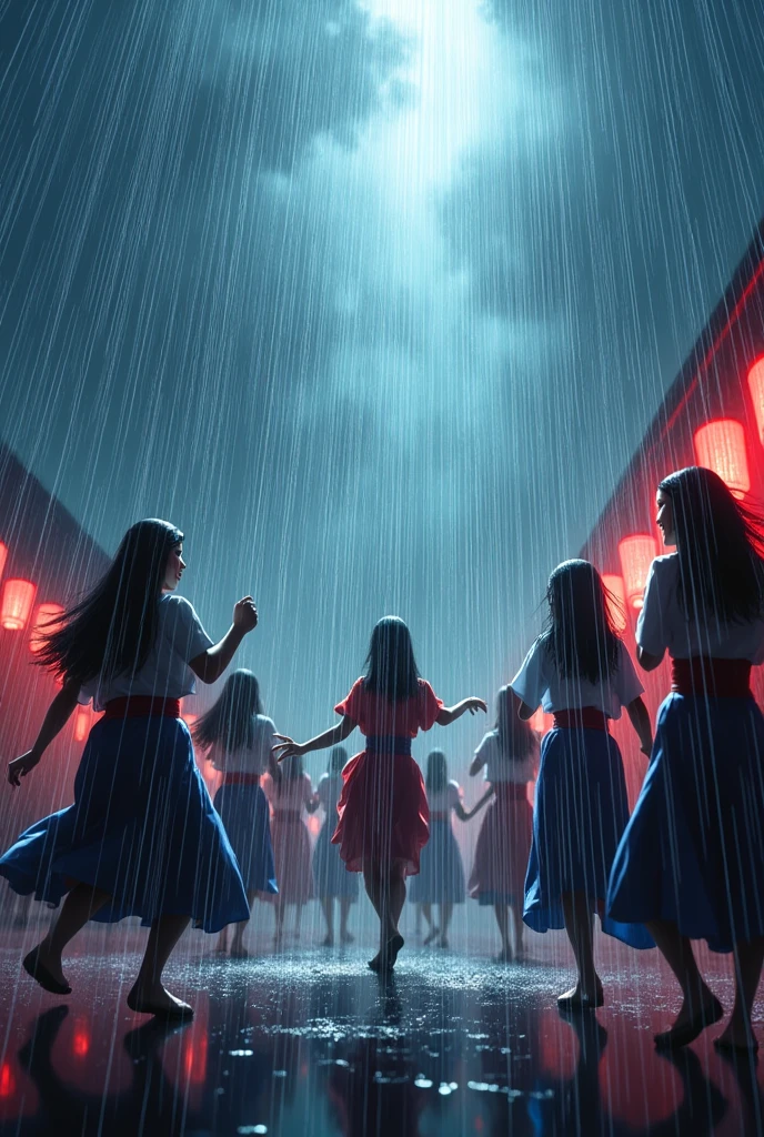 (From below:1.3), (((雨of跡を強調する:1.95))), (((Chaolan,大型台風級of豪雨,like a rain of super typhoon:1.2)))of(((Sing and dance enthusiastically,阿波踊りを楽しむ大勢of人々:1.4))),