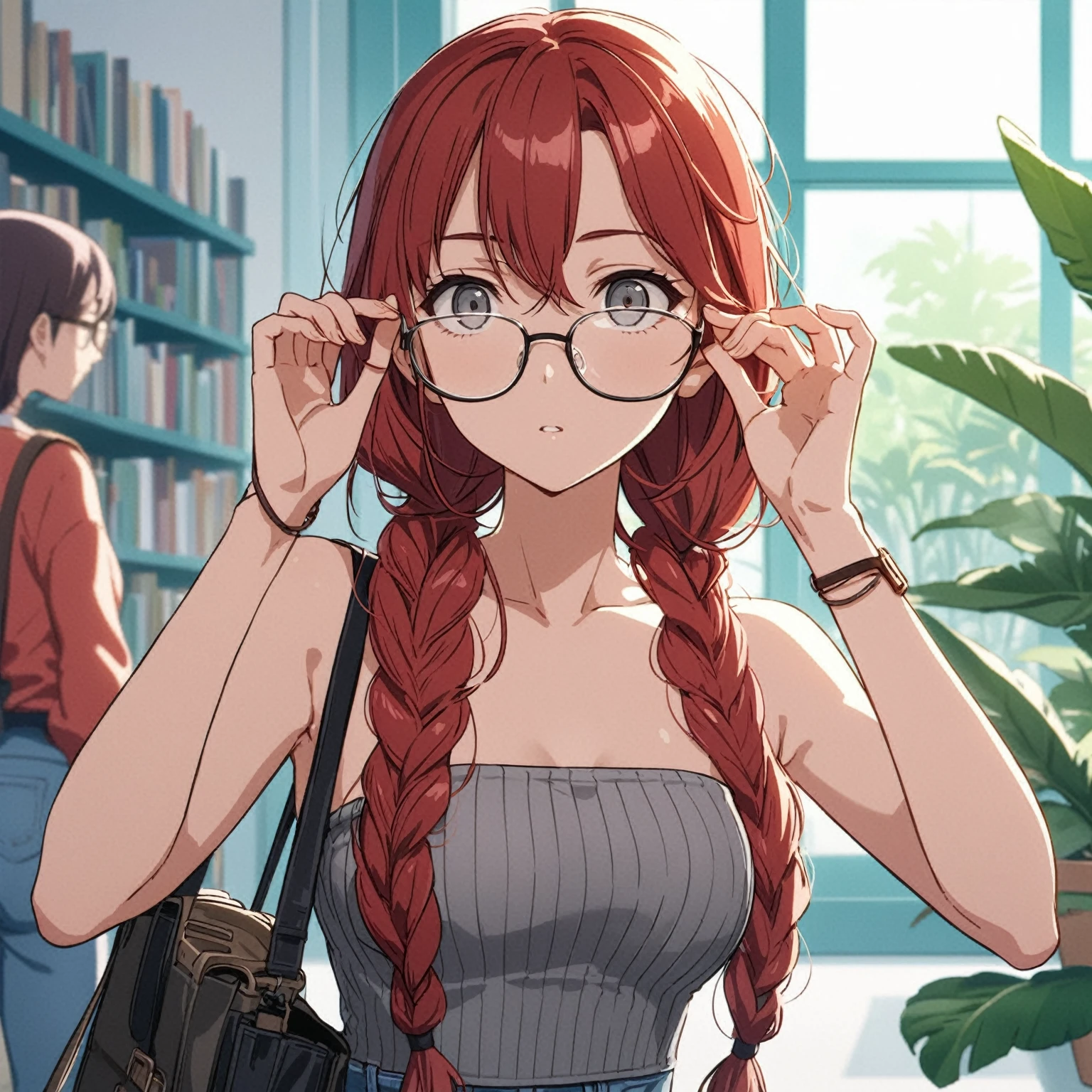 Best quality, masterpiece, stoic, low twin tails, dark red hair, (((swept bangs))), glasses, adjusting glasses, gray eyes, small breasts, toned arms, strapless ribbed gray tank top, jeans, satchel, sneakers, library with teal walls, anime cartoon, potted tropical plants, people in background,