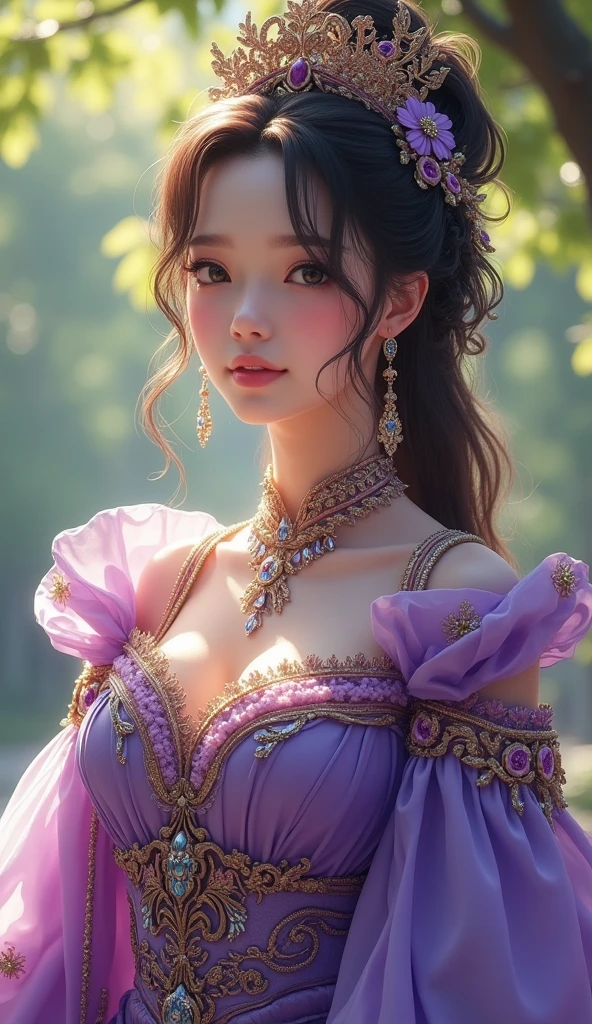 8k, masterpiece, a close up of a woman in a purple dress, a beautiful fantasy empress, beautiful fantasy maiden, fantasy art style, trending on cgstation, beautiful and elegant elf queen, beautiful maiden, shining skin, intricate ornate anime cgi style, ((a beautiful fantasy purple empress)), beautiful alluring Realistic woman, shining skin, in the park, sun shining, Realistic shadow, front body,