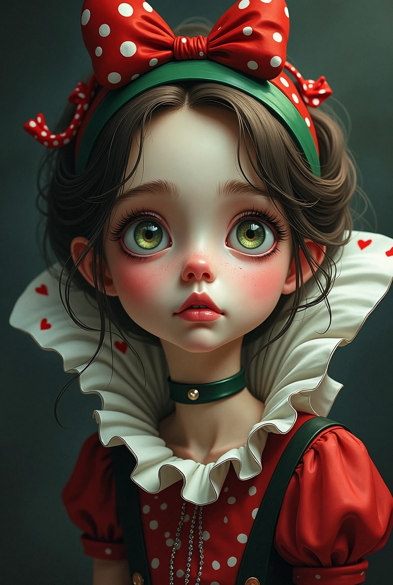 Draw a full-body portrait of the Queen of Hearts in Alice in Wonderland to capture a moment of deep contemplation. Her expression should be a mixture of curiosity and a hint of unease, as if she is deeply questioning reality and her place in it. Her large eyes should be wide open, reflecting the surreal world around her. Smiling Cheshire|cat, clock, Queen of Hearts, caterpillar, white rabbit, playing cards, within the kingdom of Wonderland, etc. Lighting should be soft yet dramatic, casting gentle shadows that emphasise the depth of her thoughts. Her hair is slightly dishevelled, as if she has been on a long journey, and the iconic green headband is slightly slanted, adding to her pensive feel. The colour palette is a mix of soft pastels and dark, introspective tones, creating a balance between innocence and the complexity of her thoughts.