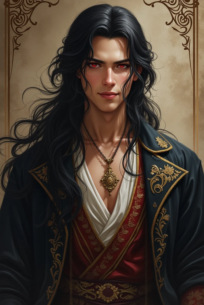 Boy of about 26 years old with long black hair down to his waist and 1 meter tall.80, Ancient elegant clothing, Smiling widely. He should be really attractive and very masculine with red eyes and have an ID that says "Eternal laughs". old style