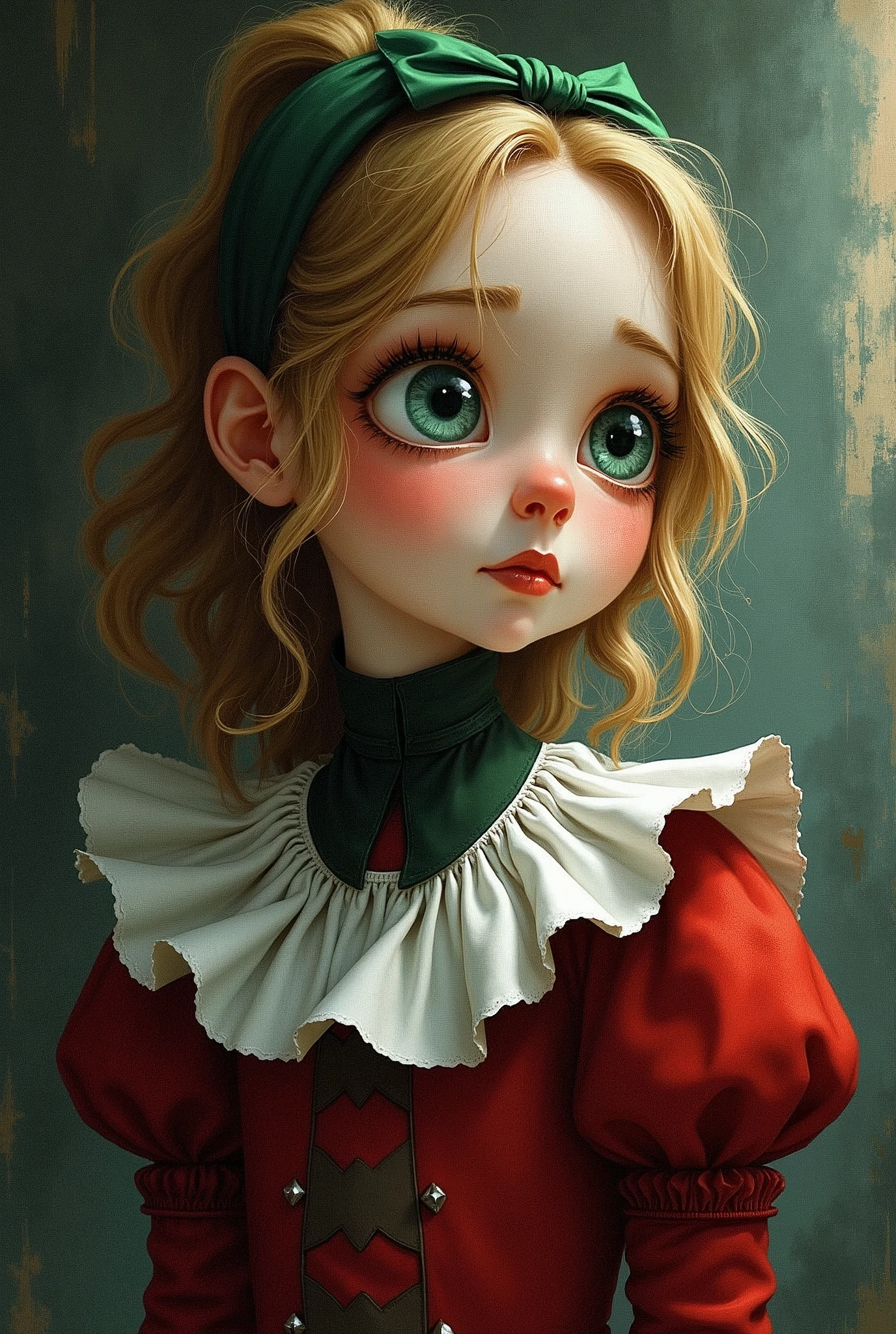 Draw a full-body portrait of the Queen of Hearts in Alice in Wonderland to capture a moment of deep contemplation. Her expression should be a mixture of curiosity and a hint of unease, as if she is deeply questioning reality and her place in it. Her large eyes should be wide open, reflecting the surreal world around her. Smiling Cheshire|cat, clock, Queen of Hearts, caterpillar, white rabbit, playing cards, within the kingdom of Wonderland, etc. Lighting should be soft yet dramatic, casting gentle shadows that emphasise the depth of her thoughts. Her hair is slightly dishevelled, as if she has been on a long journey, and the iconic green headband is slightly slanted, adding to her pensive feel. The colour palette is a mix of soft pastels and dark, introspective tones, creating a balance between innocence and the complexity of her thoughts.