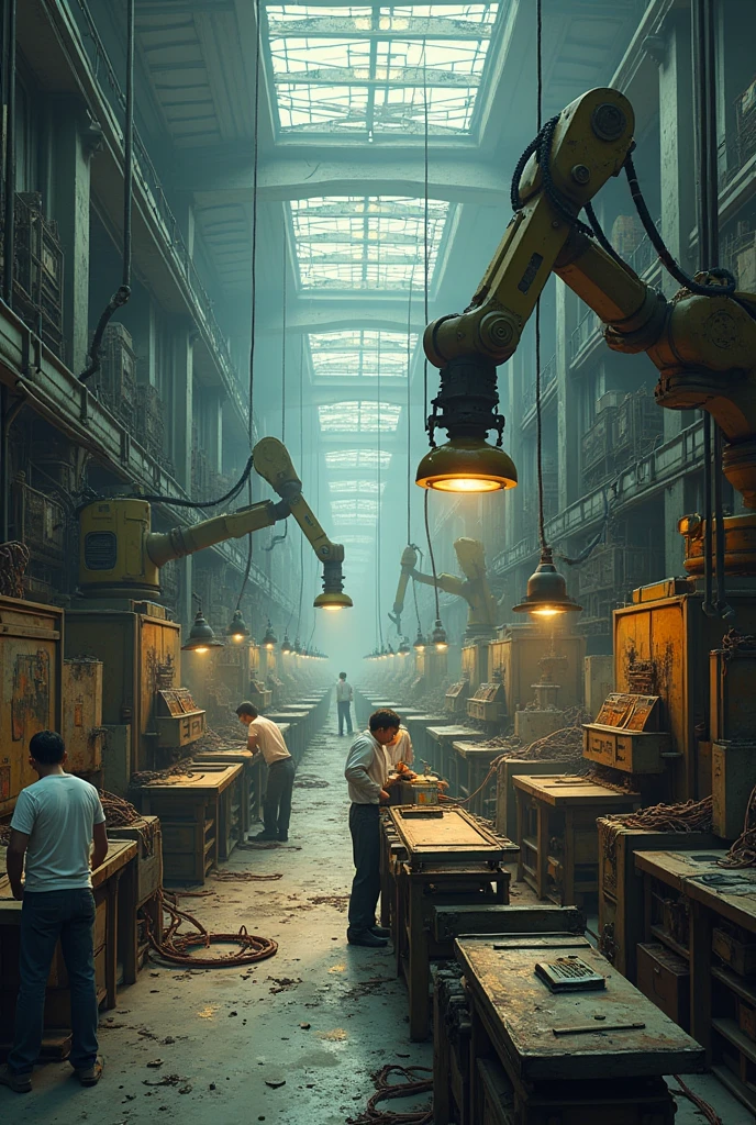 realistic image illustrating a factory or industrial facility that is facing difficulties due to a lack of automation or problems in the maintenance of robotic optical systems.