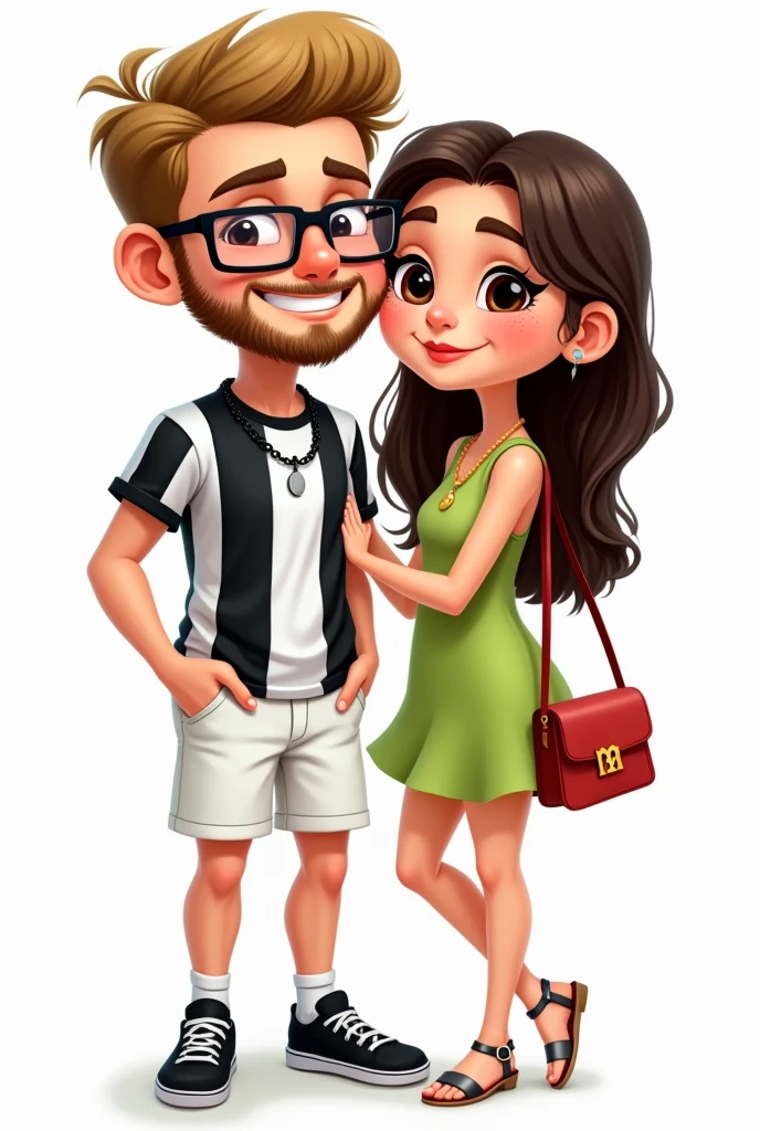 A cartoon or caricature drawing of a couple. He is on the left and she is on the right.
The boy has a square face and does not have a thin chin., big forehead, It's blond, He has straight, short hair, shorty, He doesn't have a quiff and his bangs are combed to the side, Okay. His hair is not frizzy. He has a light brown beard, short and mustache, and has light brown eyes. He wears rectangular glasses with black frames and smiles. He wears a black leather chain around his neck with a silver pendant. He doesn't wear earrings. He doesn't wear a watch. He doesn't wear a bracelet. He wears white denim shorts below his knees. He wears a soccer team shirt that has vertical white and black stripes. He wears black low-top sneakers with a white stripe on the sole.. He doesn't wear socks. His right hand is in his shorts pocket and his left hand is on his girlfriend's waist.
The girl has long, slightly wavy dark brown hair, almost at the waist, green eyes and thick eyebrows. She has few freckles on her face. She wears a lime green dress with wide straps just above her knees, a small red bag and silver sandals. The sandals are silver and have thin straps that cross in the front and have 4cm thin high heels. She doesn't wear bracelets. She doesn't wear a watch. She wears a golden gold necklace with a pendant of the letter M. she is on the side, with one knee bent at 90 degrees with the foot back. She is resting her hands on her boyfriend's shoulder, while he holds her waist.