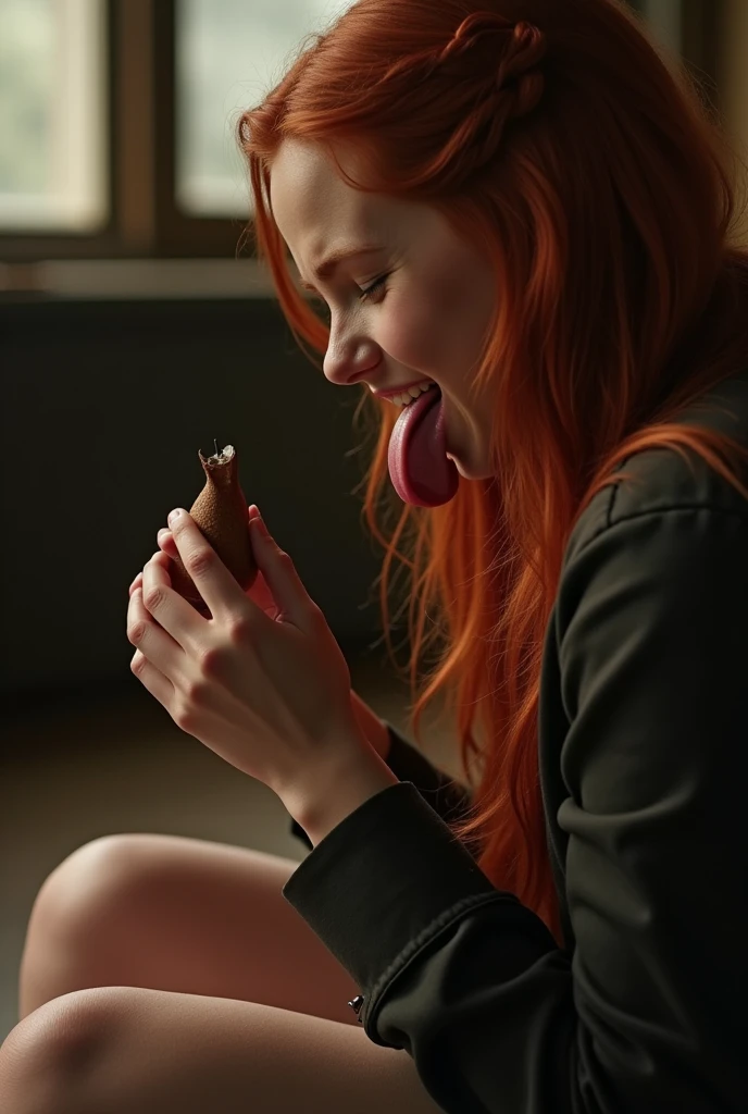 Ginny Weasley on her knees with her tongue hanging out, with her face full of semen and looking submissively at a big brown ?????
