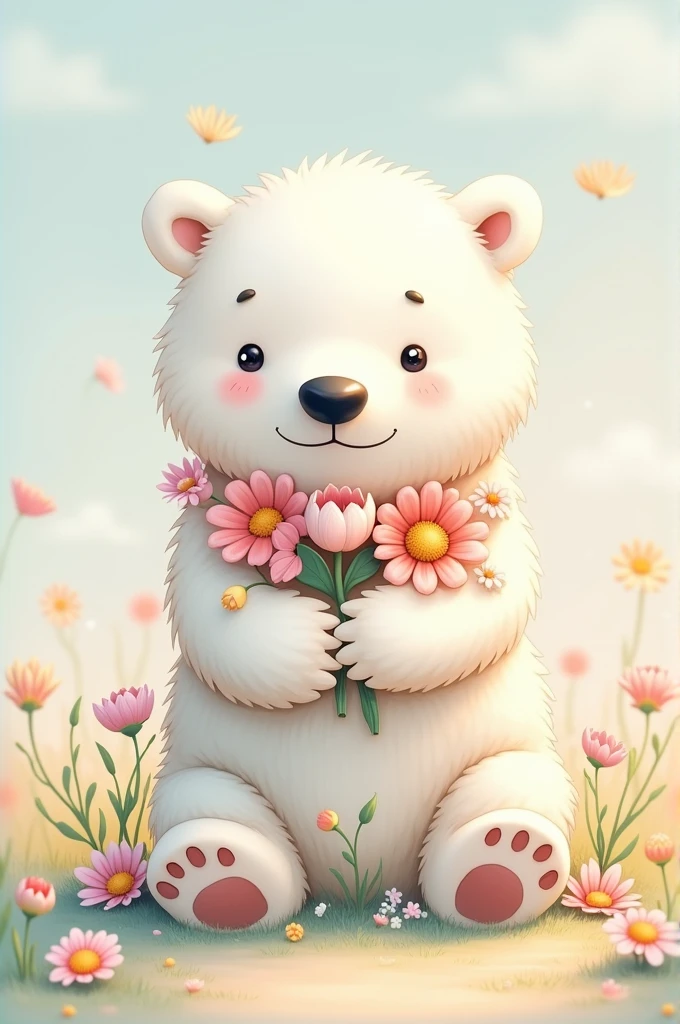 Cute polar bear with flowers in its fur