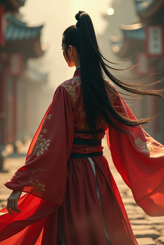 Ultra-high resolution, ((masterpiece))), (((Highest quality))), ((Very detailed)),  ((Very delicate and beautiful)),Cinematic Light, Detailed Environment(Genuine), Motion Blur, Depth of written boundary,
1 person,alone,Black Hair,High Ponytail,(An absurdly long ponytail:1.3), (A dark red and light gold Hanfu:1.2), Wide sleeves,
Wide sleeves, Outstretched arms, Combat Stance,
(Splash:1.3),
