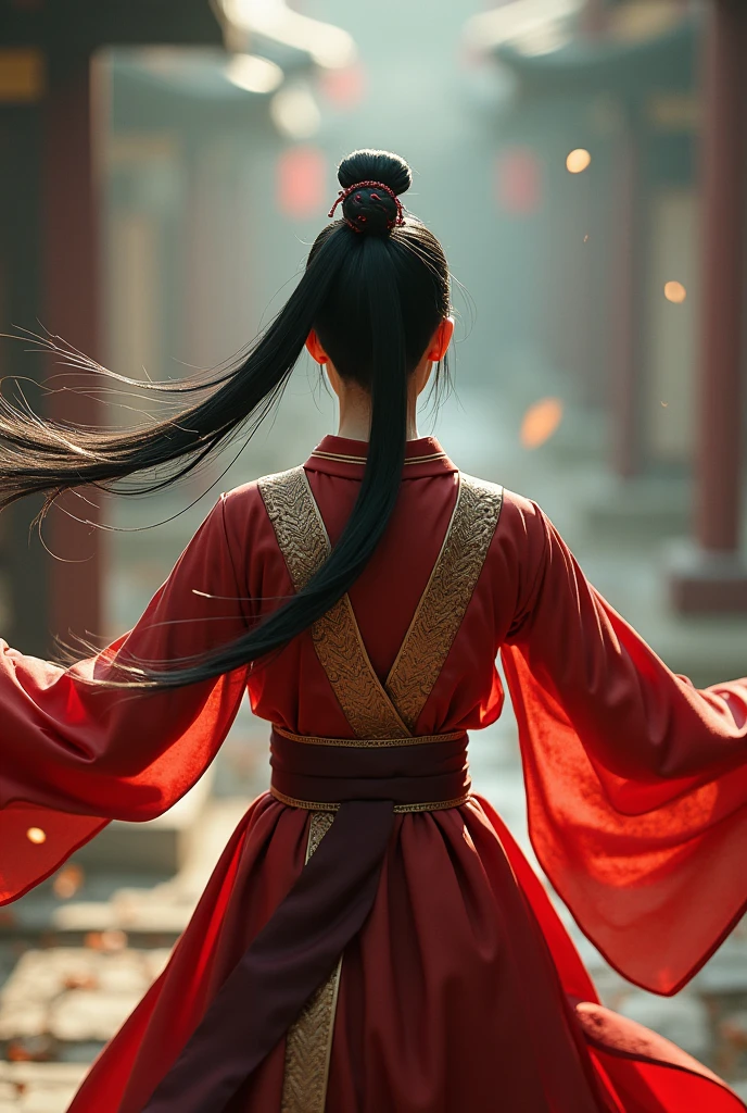 Ultra-high resolution, ((masterpiece))), (((Highest quality))), ((Very detailed)),  ((Very delicate and beautiful)),Cinematic Light, Detailed Environment(Genuine), Motion Blur, Depth of written boundary,
1 person,alone,Black Hair,High Ponytail,(An absurdly long ponytail:1.3), (A dark red and light gold Hanfu:1.2), Wide sleeves,
Wide sleeves, Outstretched arms, Combat Stance,
(Splash:1.3),
