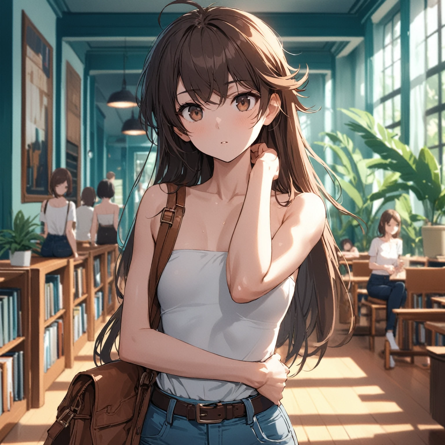 Best quality, masterpiece, stoic, very long hair, brown hair, (((swept bangs))), brown eyes, toned arms, small breasts, strapless white shirt, jeans, library with teal walls,  potted tropical plants, people in background, 
