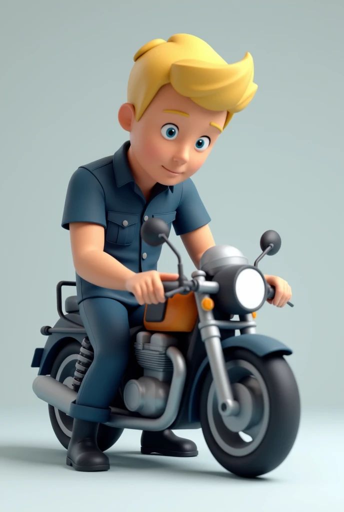 Create a low-poly 3d mascot of an adult fixing a motorcycle , I want a male character with short blonde hair, wearing a dark blue uniform without any logos or details, and black boots. Full HD image please. ,