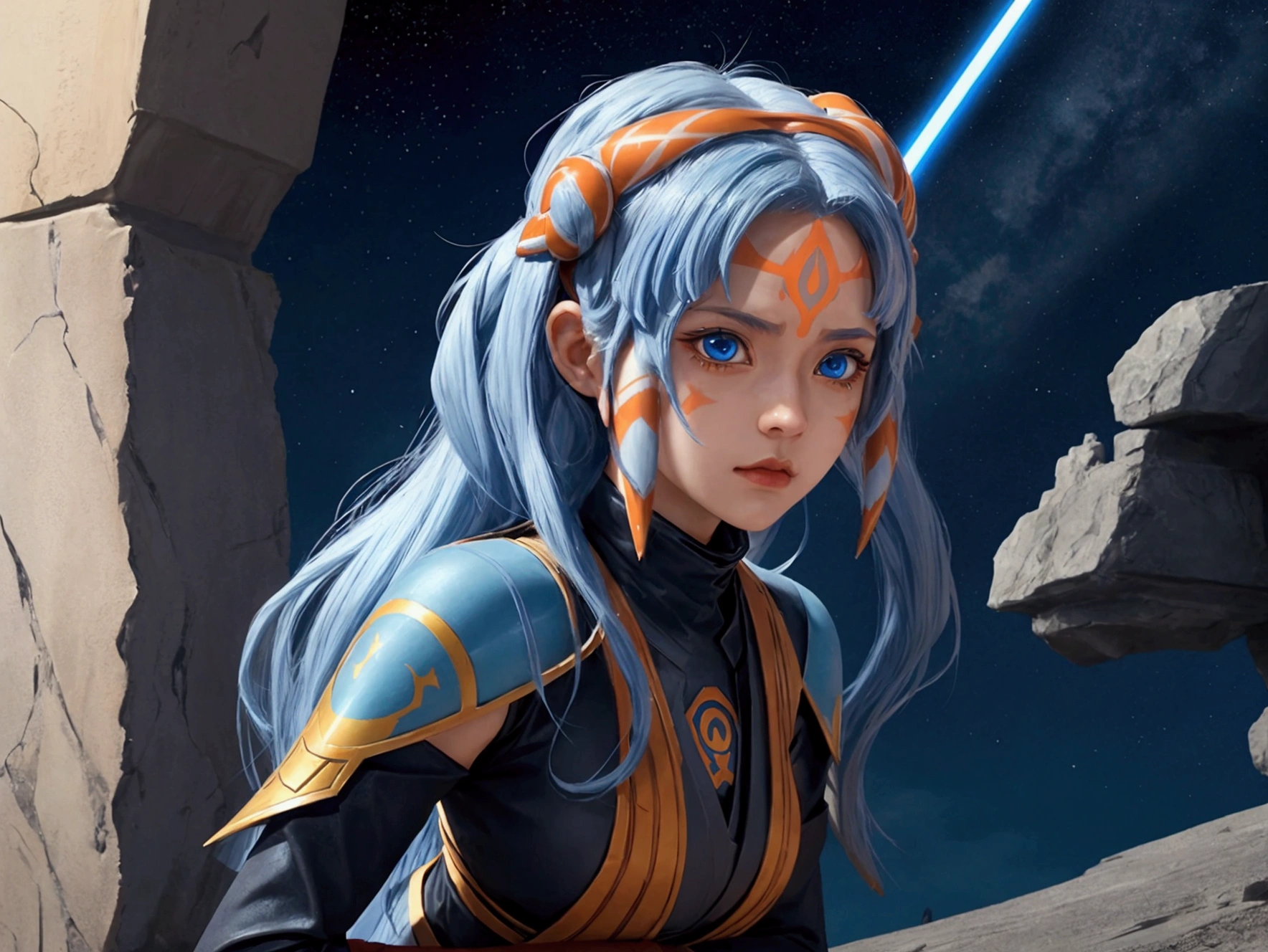 Ahsoka Tano, anime togruta girl, Star Wars, Togruta specime, in a secret organization outfit, her eyes are serene, she is coming out of a battle, beautiful eyes, blue eyes