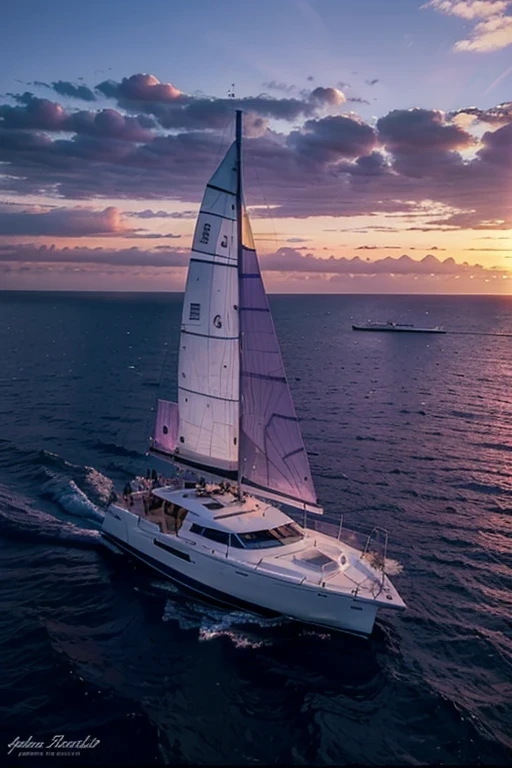 A large catamaran sailing across the ocean in a violet sunset