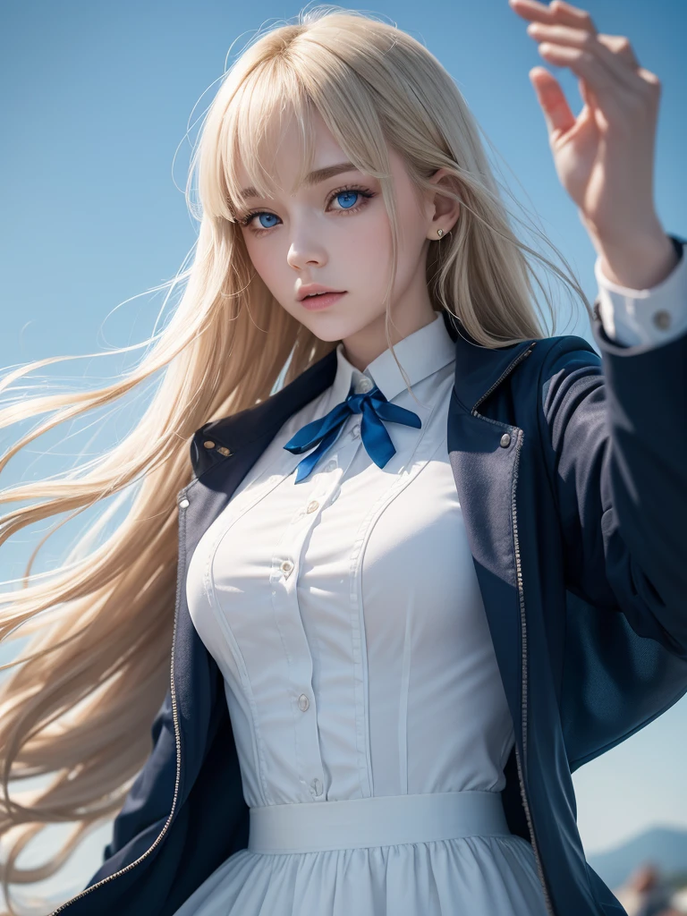 (Dynamic angle:1.3),Extreme close-up,Windy,cinematic moment,1 girl,upper body,dancing,I look at the viewer, violet_Evergarden, One, Ювелирные Fromделия, blank eyes,brooch, blonde_hair,( vevry long hair:1.2),floating hairlong_sleeves, tape, BLUE_eyes, Jacket, dress, gem, hair_tape,sky, depth_From_field, a close view From flying petal,