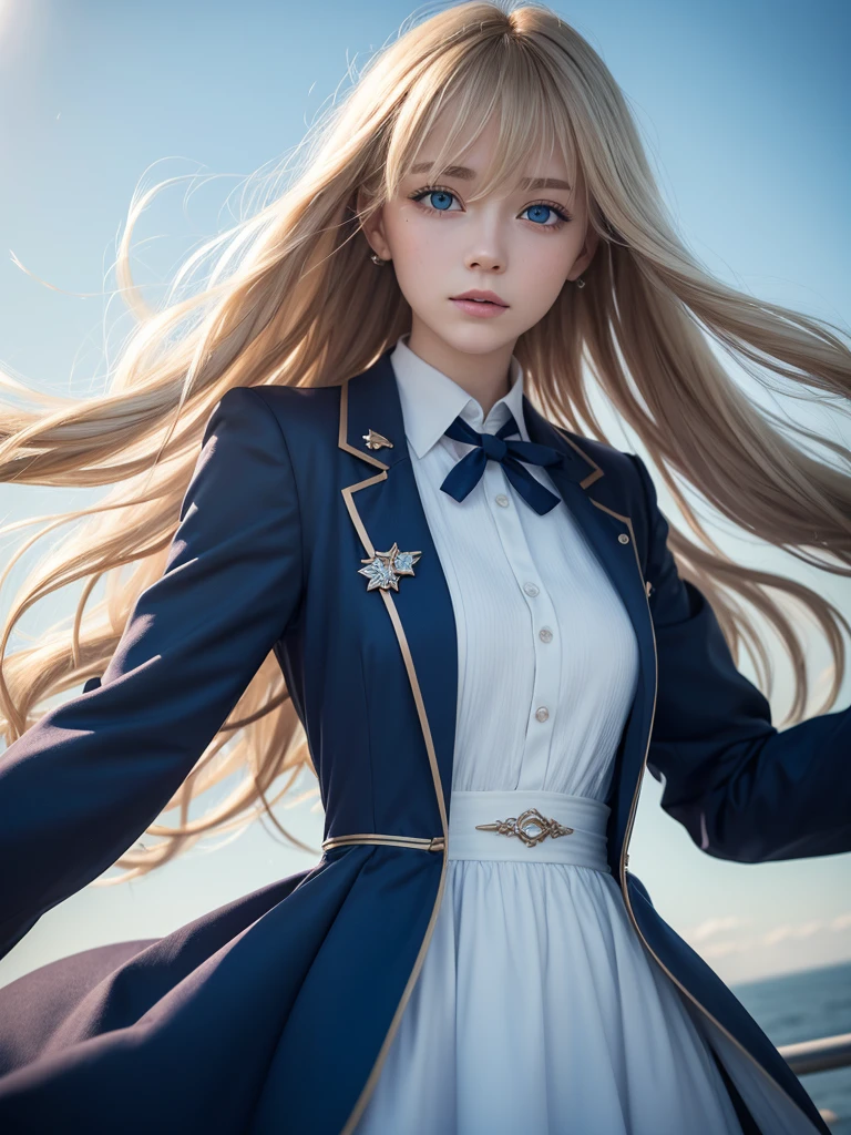 (Dynamic angle:1.3),Extreme close-up,Windy,cinematic moment,1 girl,upper body,dancing,I look at the viewer, violet_Evergarden, One, Ювелирные Fromделия, blank eyes,brooch, blonde_hair,( vevry long hair:1.2),floating hairlong_sleeves, tape, BLUE_eyes, Jacket, dress, gem, hair_tape,sky, depth_From_field, a close view From flying petal,