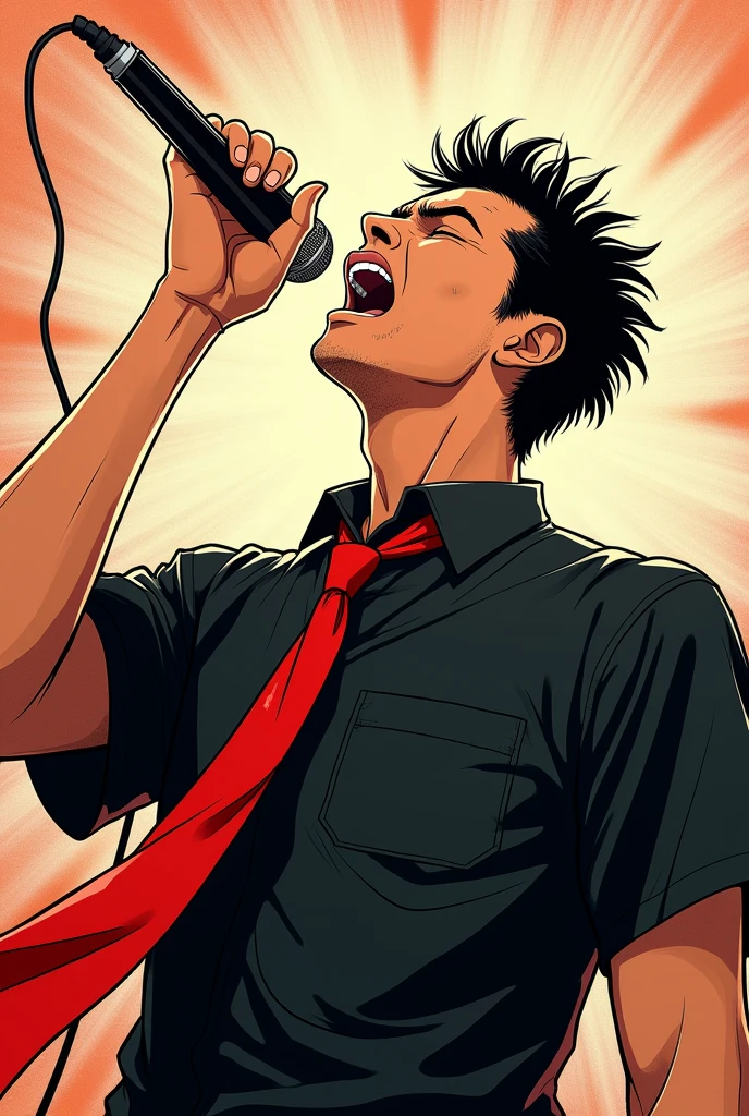 The atmosphere is reminiscent of Japanese shonen manga、A diagram of a man singing passionately with his eyes closed, holding a microphone, seen from a diagonal angle.、He is wearing a black short-sleeved shirt and a red tie
