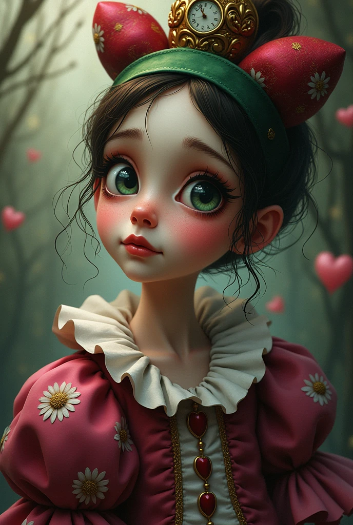 Draw a full-body portrait of the Queen of Hearts in Alice in Wonderland to capture a moment of deep contemplation. Her expression should be a mixture of curiosity and a hint of unease, as if she is deeply questioning reality and her place in it. Her large eyes should be wide open, reflecting the surreal world around her. Smiling Cheshire|cat, clock, Queen of Hearts, caterpillar, white rabbit, playing cards, within the kingdom of Wonderland, etc. Lighting should be soft yet dramatic, casting gentle shadows that emphasise the depth of her thoughts. Her hair is slightly dishevelled, as if she has been on a long journey, and the iconic green headband is slightly slanted, adding to her pensive feel. The colour palette is a mix of soft pastels and dark, introspective tones, creating a balance between innocence and the complexity of her thoughts.