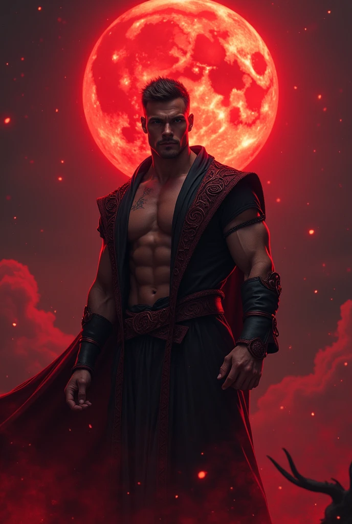 A naked muscular man, mature man, football player body type, wizard, sorcerer clothing, blood moon, red blood moon, Magic power, Handsome face，eyes with sparkle，The man looks confident and determined, Crew cut , Stars dot the sky, the night sky looks ominous and dangerous, blood red night sky, evil but attractive man