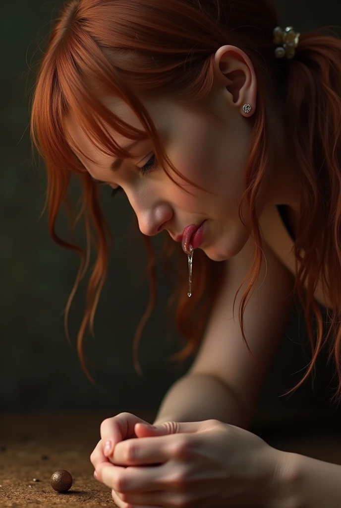 Ginny Weasley on her knees with her tongue hanging out, with her face full of semen and looking submissively at a big brown penis