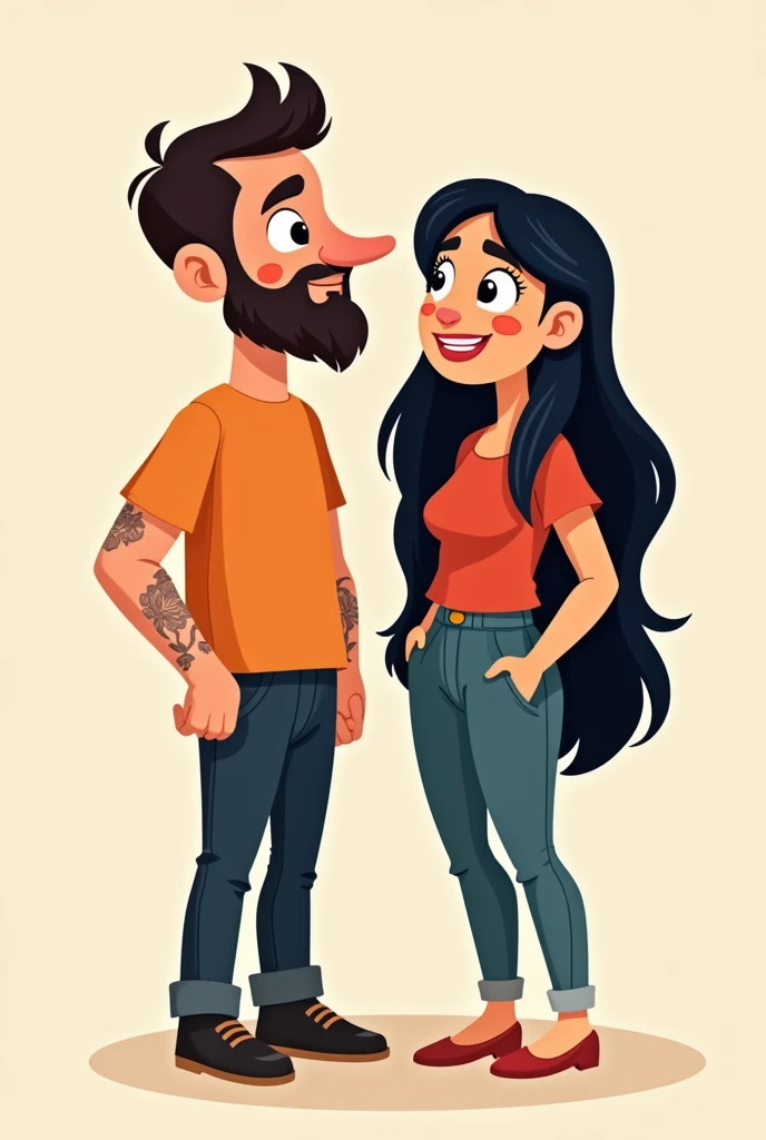 Cartoon image of a man, dark brunette, shaven hair, shaved beard, long nose; next to a strong black woman with long straight hair