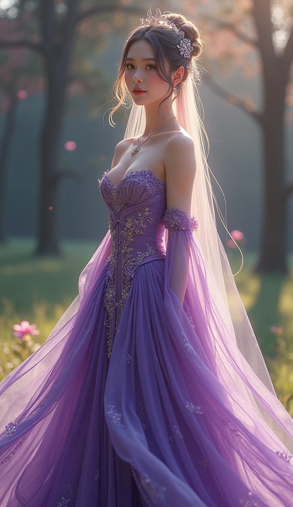 8k, masterpiece, a close up of a woman in a purple dress, a beautiful fantasy empress, beautiful fantasy maiden, fantasy art style, trending on cgstation, beautiful and elegant elf queen, beautiful maiden, shining skin, intricate ornate anime cgi style, ((a beautiful fantasy purple empress)), beautiful alluring Realistic woman, shining skin, in the park, sun shining, Realistic shadow, front body,
