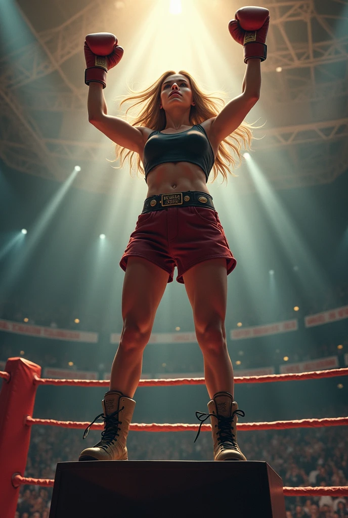 pov woman victory pose on my chest on a box ring