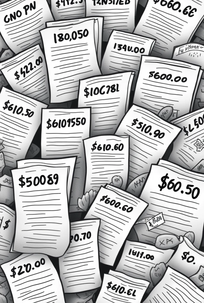 Generate a wallpaper with many cartoon-style mini-invoices with numbers and payments in gray tones and black lettering.
More invoices and they should be disorganized.
No blank spaces.