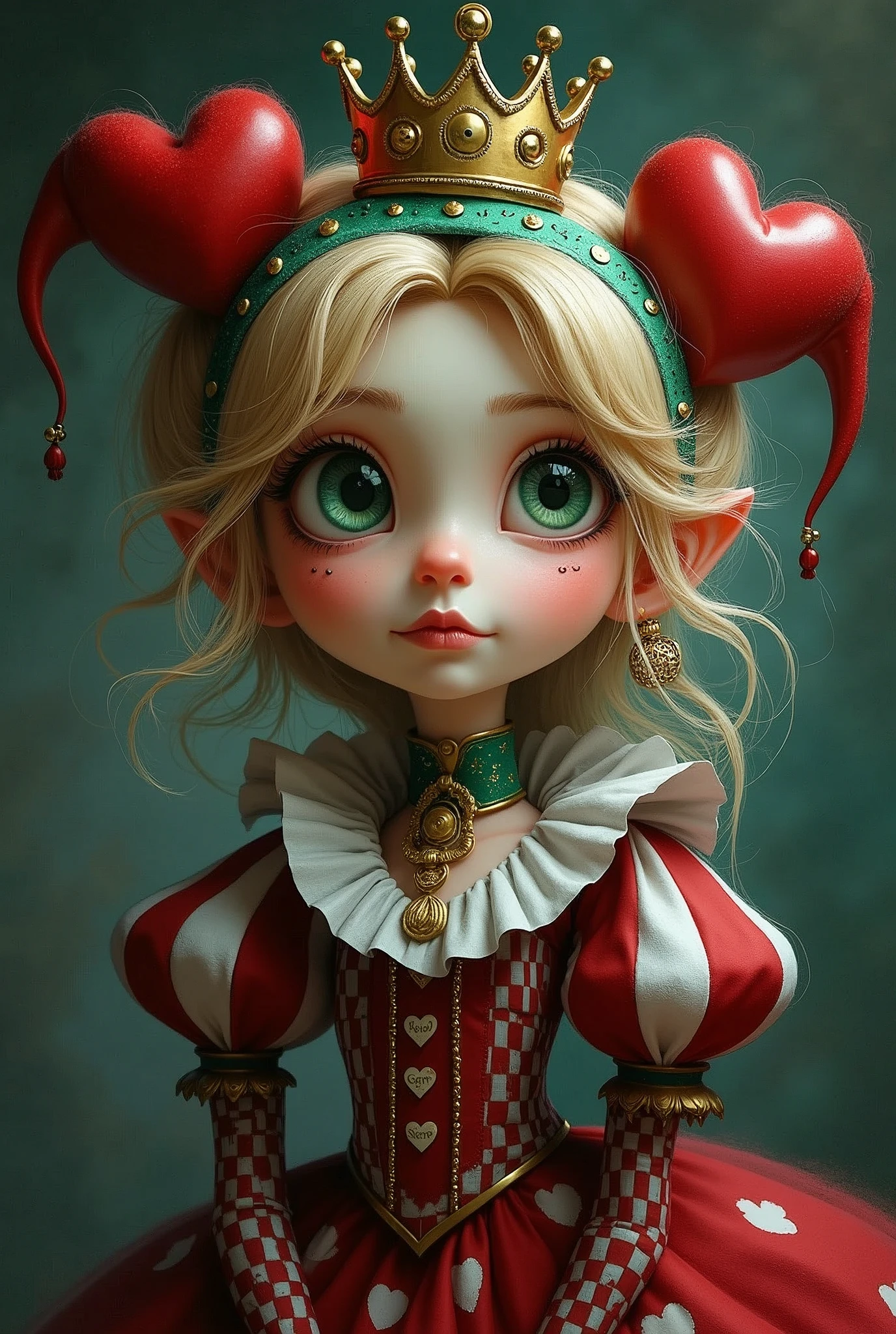 Draw a full-body portrait of the Queen of Hearts in Alice in Wonderland to capture a moment of deep contemplation. Her expression should be a mixture of curiosity and a hint of unease, as if she is deeply questioning reality and her place in it. Her large eyes should be wide open, reflecting the surreal world around her. Smiling Cheshire|cat, clock, Queen of Hearts, caterpillar, white rabbit, playing cards, within the kingdom of Wonderland, etc. Lighting should be soft yet dramatic, casting gentle shadows that emphasise the depth of her thoughts. Her hair is slightly dishevelled, as if she has been on a long journey, and the iconic green headband is slightly slanted, adding to her pensive feel. The colour palette is a mix of soft pastels and dark, introspective tones, creating a balance between innocence and the complexity of her thoughts.