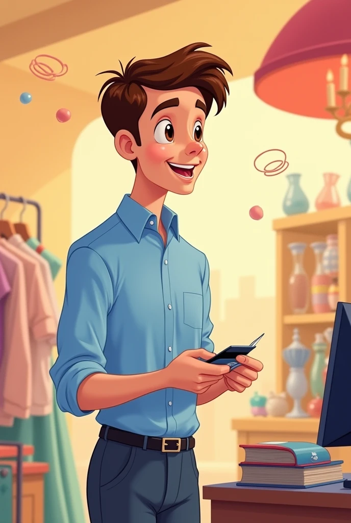 Disney-style guy, brown hair and light blue shirt paying with credit card