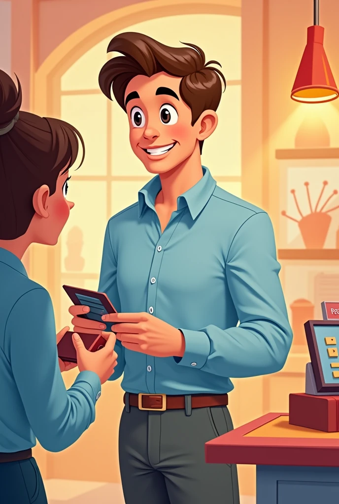 Disney-style guy, brown hair and light blue shirt paying with credit card