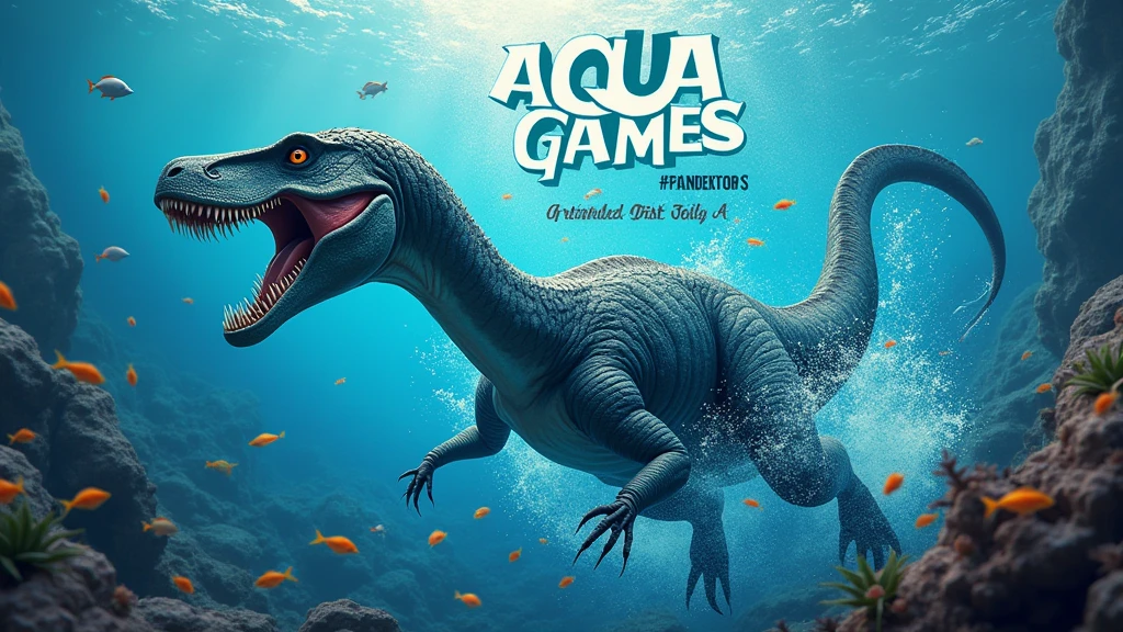 Create a dinosaur image for YouTube that says AQUA GAMES with a size of 2048 X 576.
